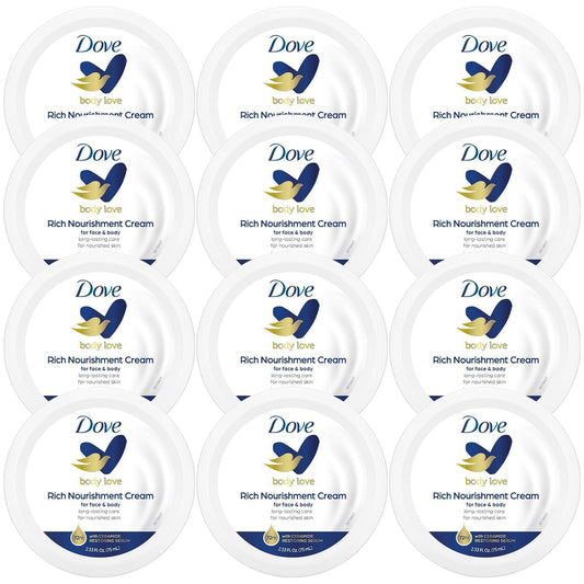 Dove Body Love Rich Nourishment Cream, Face, Hand & Body Lotion for Extremely Dry Skin, Fast-Absorbing 72-Hour Moisturizing Cream with Ceramide Serum, Travel Size, 2.53 Oz (Pack of 12)