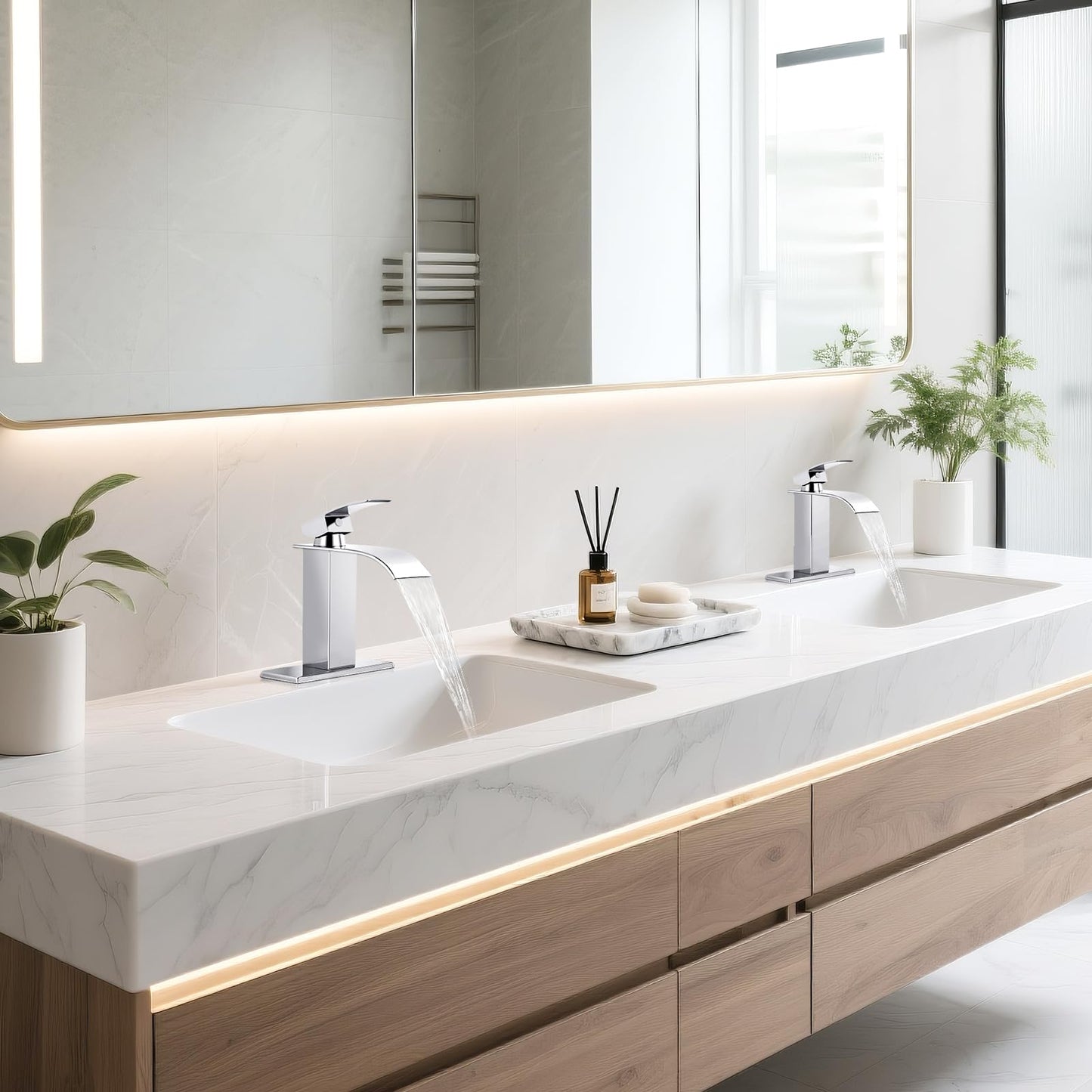 RNDIOZD Chrome Bathroom Faucets, Waterfall Bathroom Sink Faucet Modern Single Handle Bathroom Faucte 1 or 3 Hole, RV Mixer Tap Vanity Faucet - Includes Pop-up Drain Supply Hoses Deck Plate