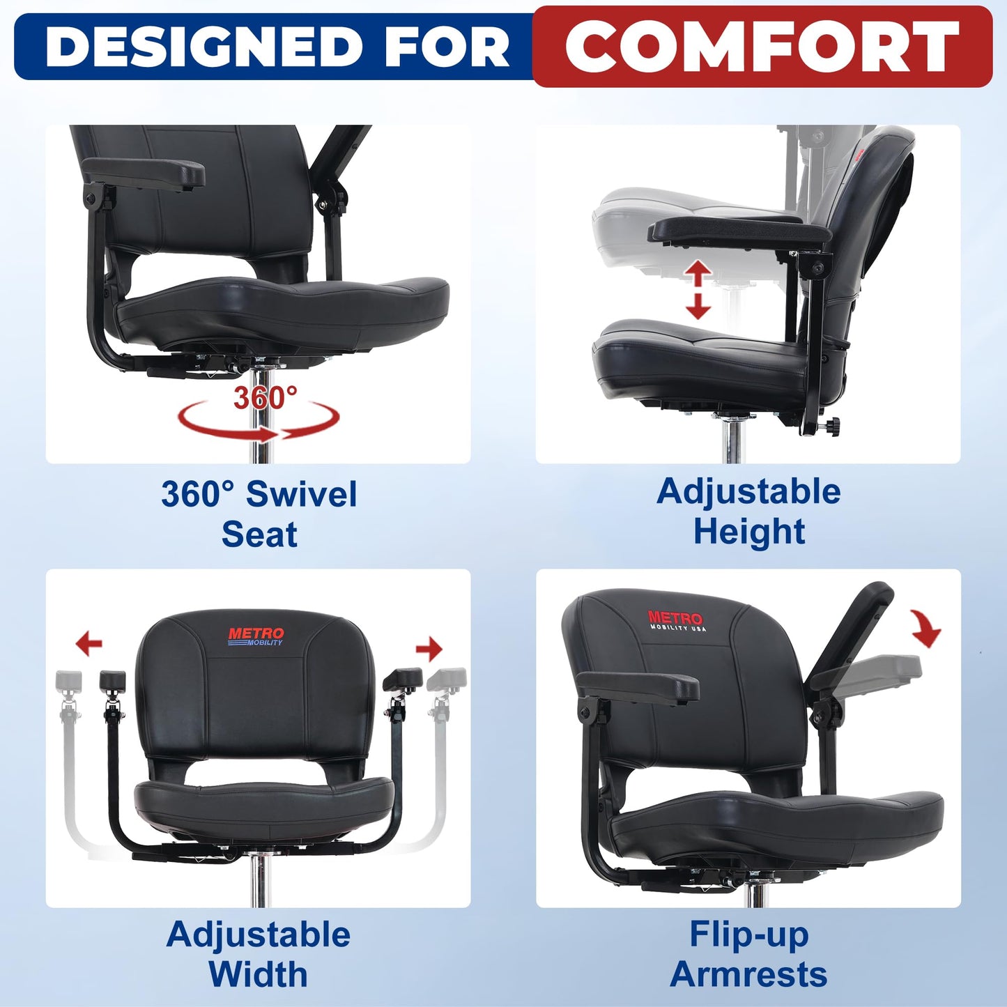 Metro Mobility 4 Wheel Powered Mobility Scooters, 300 lbs Capacity Mobility Scooters for Adults, Folding Mobility Scooter Lightweight, Electric Scooters for Seniors 10 Miles Range LED Light Blue