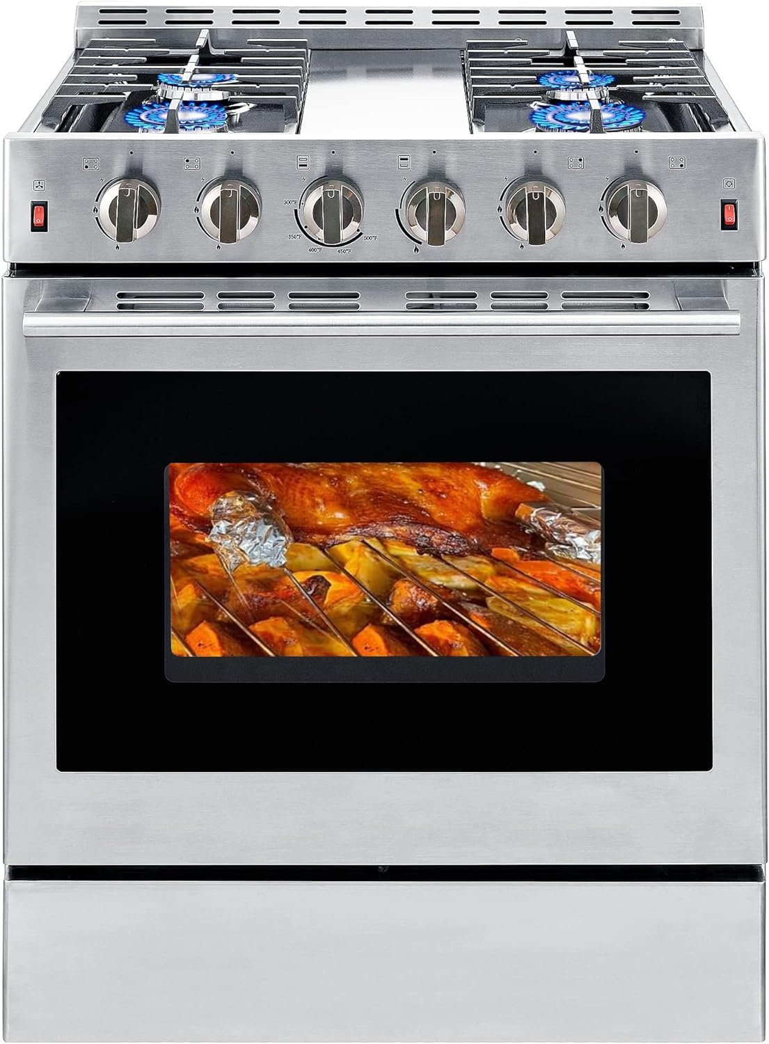 Freestanding Gas Range Stove 30 inch Gas Cooktop Stove 4 Burners 42000BTU 5.56 cu.ft. 3 Layers Large Convection Oven,Heavy Duty Stainless Steel Tempered Glass Door