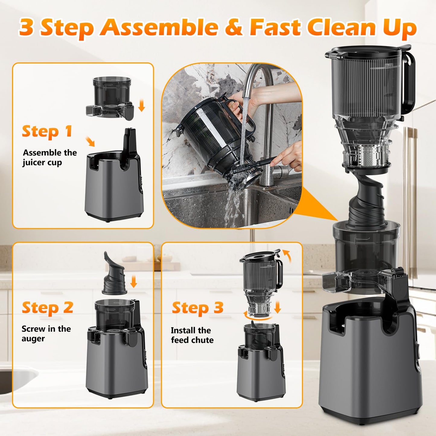Juicer Machines with 5.8" Large Feed Chute, Cold Press Juicer For Whole Vegetables and Fruits, 400W Professional Slow Masticating juicer Easy to Clean for Batch Juicing (Titanium Gray)