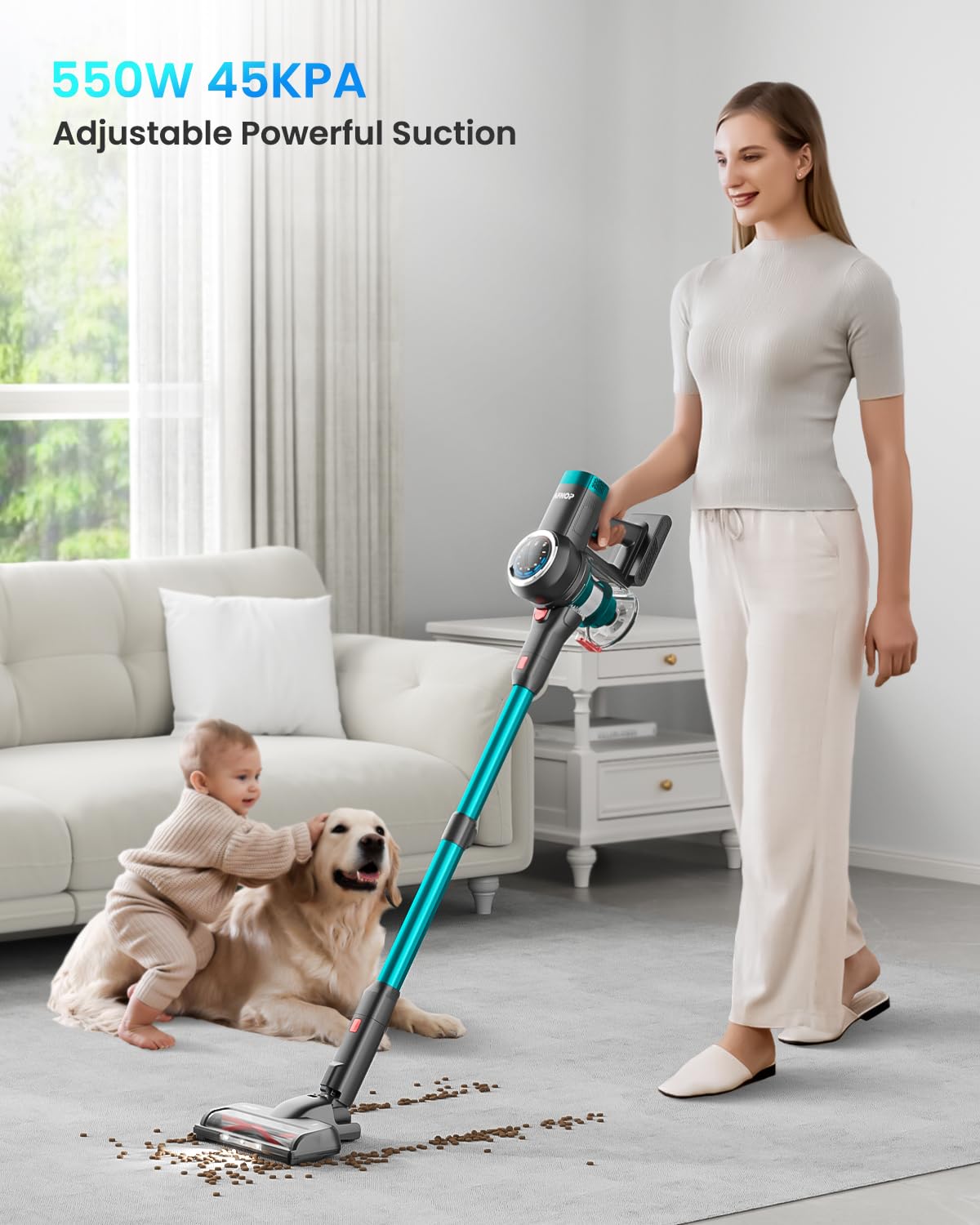 AFNOP Cordless Vacuum Cleaner, 550W/45Kpa/65Mins Vacuum Cleaners for Home, Rechargeable Cordless Vacuum, Lightweight for Carpet/Pet Hair/Hardwood Floor, Self-Standing Stick Vacuum with LED Display