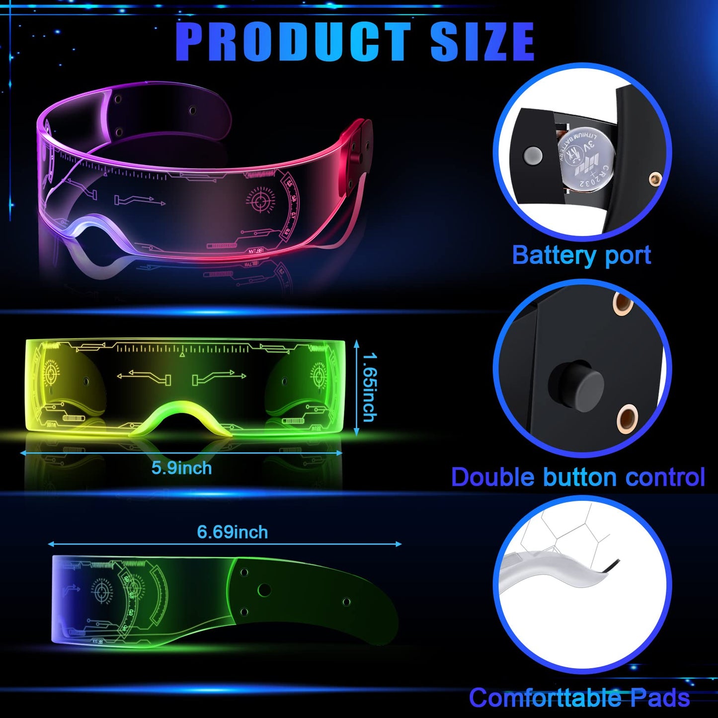 HyDren 12 Pairs LED Visor Glasses Light up Glasses Futuristic Glasses 6 Modes Honeycomb Neon Luminous Glasses Men Women Adults Rave Cosplay Bar Mardi Gras Party 6 Styles