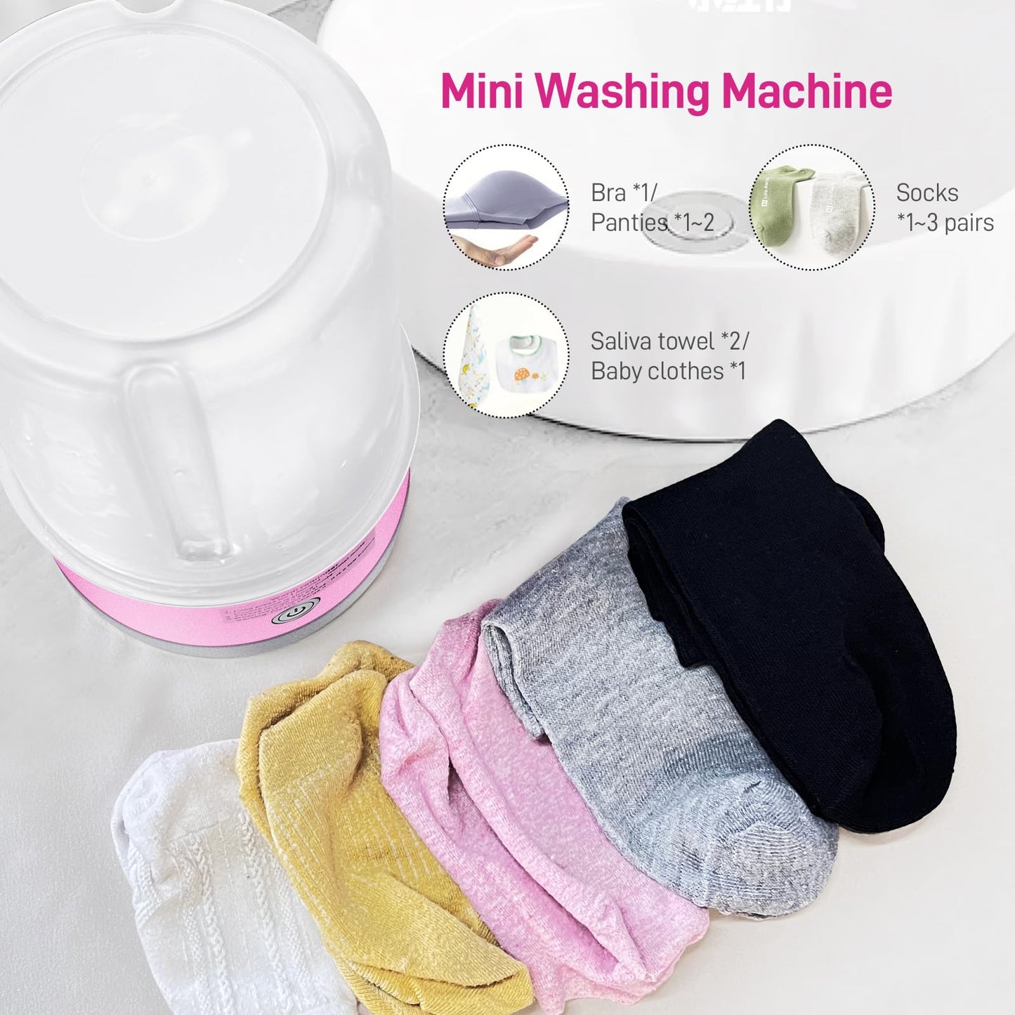 Underwear Washing Machine, Portable Mini Washing Machine | Compact Deep Cleans Underwear, Baby Clothes, Small Laundry | Lightweight for Apartment, Dorm, Hotel, Travel & Camping(Pink)