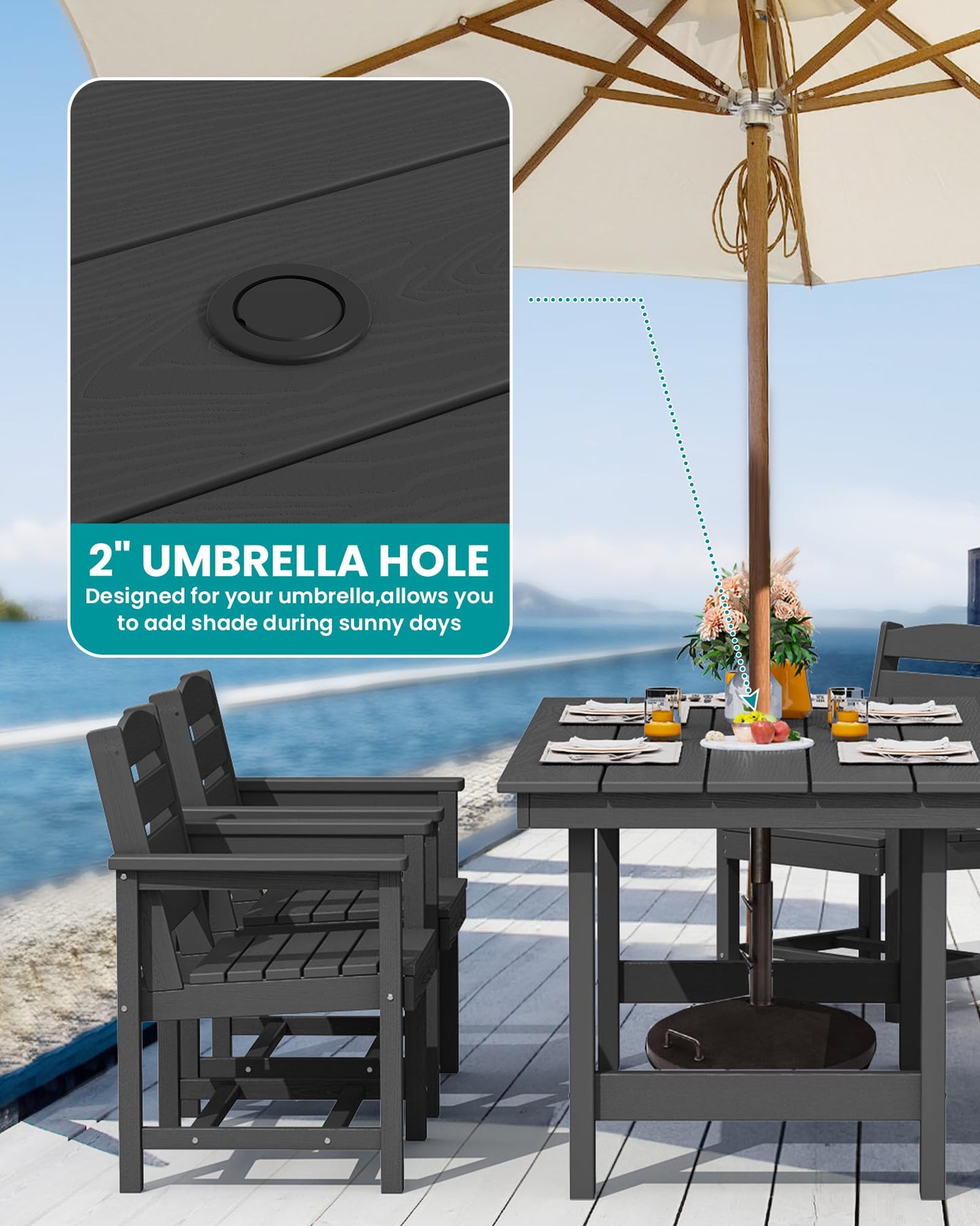 SERWALL 8-Piece Patio Dining Sets with 15FT Double Side Patio Umbrella, Outdoor HDPE Dining Furniture Set with Umbrella Hole Cut-Out Table and 6 Chairs, Black（Umbreall Base not Included）