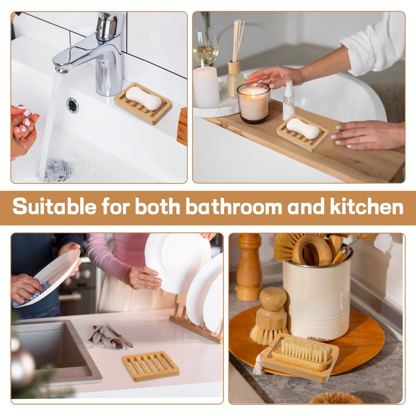 Bamboo Soap Dish, 2 Pcs Wooden Bar Soap Holder Self Draining Natural Wood Shower Soap Dish for Home Bathroom Kitchen Sink Bathtub