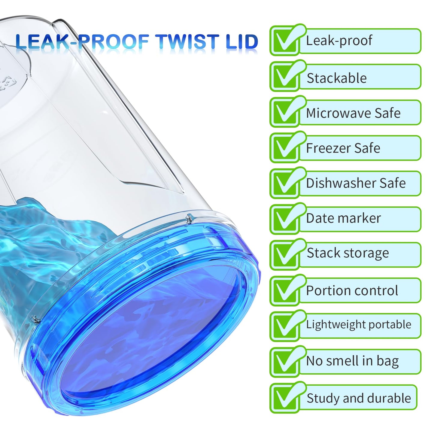 [32 oz 10 Pack] Food Storage Freezer Containers Clear Bottom with Blue Twist Top Lids Reusable, Plastic Airtight Meal Prep Containers BPA Free | Stackable | Leakproof | Microwave/Dishwasher Safe