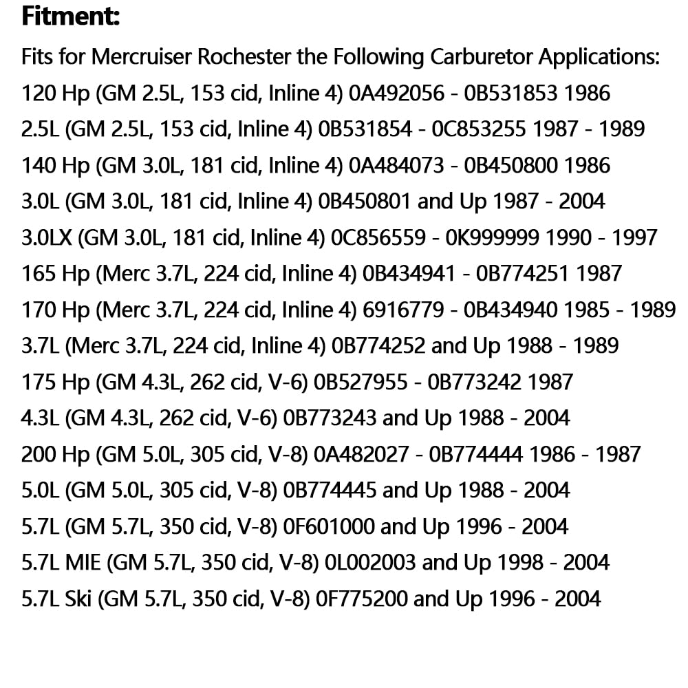 KACEPAR 3310-861448A1, Carburetor Carb Rebuild Repair Kit, Compatible with Mercruiser Marine 2-Barrel BBL 3.0L 4.3L 5.0L 5.7L
