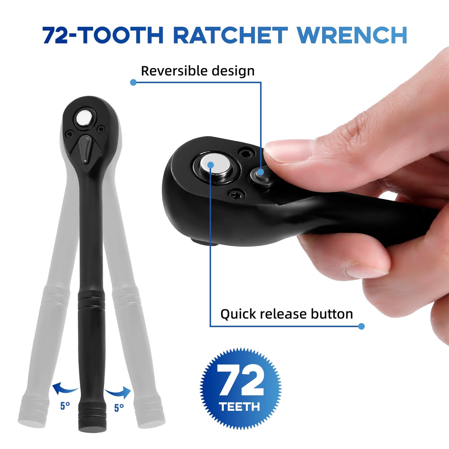 Reniteco 64-Piece 3/8" Drive Socket Set, SAE (5/16"-1") & Metric (6mm-24mm), Deep & Shallow, 72-Tooth Ratchet Wrench, Extension Bars, 1/2" F to 3/8" M Reducer, Universal Joint & Power Drill Adapter
