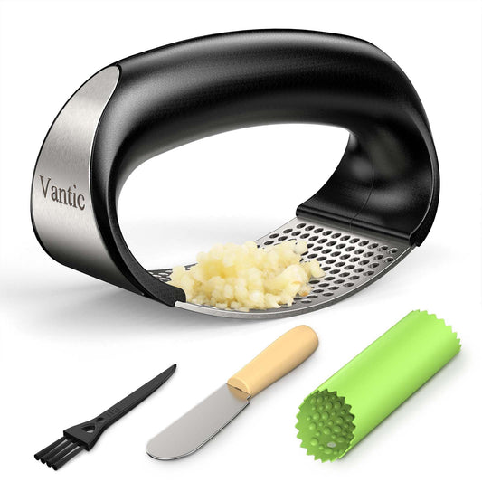 Vantic Garlic Press Rocker - Stainless Steel Garlic Crusher, Mincer and Chopper with Peeler & Scraper, Easy Kitchen Gadget for Effortless Smashing