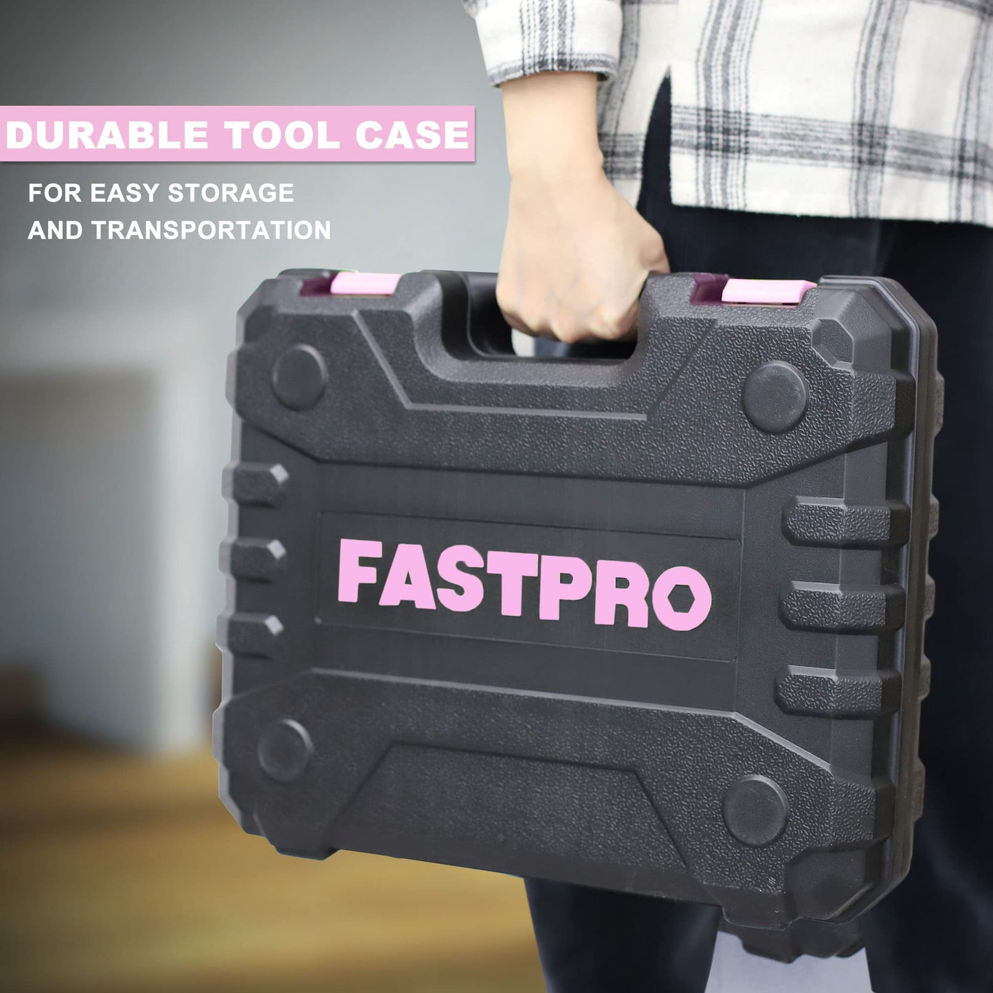 FASTPRO 177-Piece 20V Pink Cordless Lithium-ion Drill Driver and Home Tool Set, Lady's Home Repairing Tool Kit with Drill in Storage Case