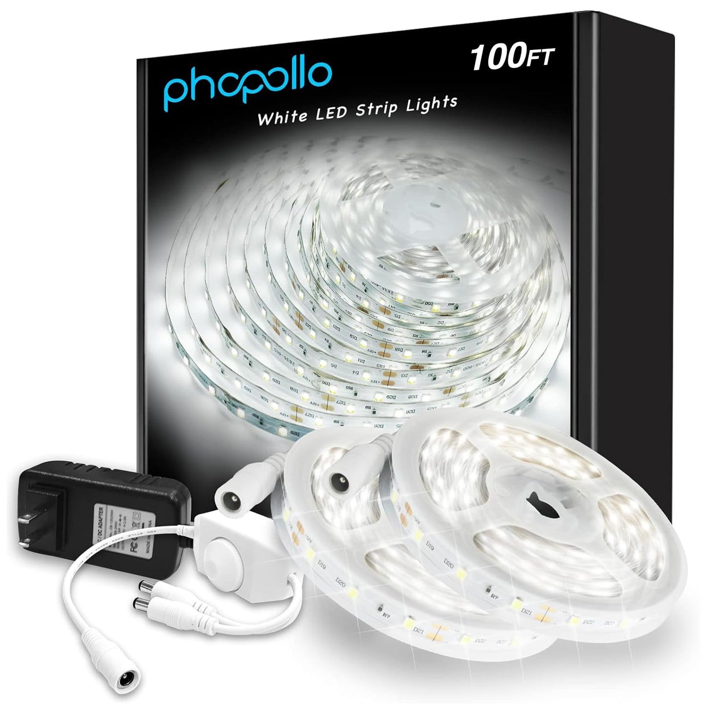 phopollo White LED Strip Lights, 100ft (2 Rolls of 50ft) Dimmable 6500k Daylight White Led Light Strip, 1800 LEDs Flexible Led Lights for Bedroom, Mirror, Kitchen Decoration