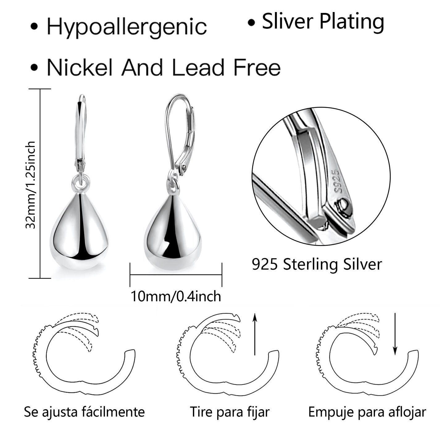 Sterling Silver Teardrop Earrings for Women Girls Silver Drop Leverback Dangle Earrings for Girls Hypoallergenic Leverback Drop Silver Earring