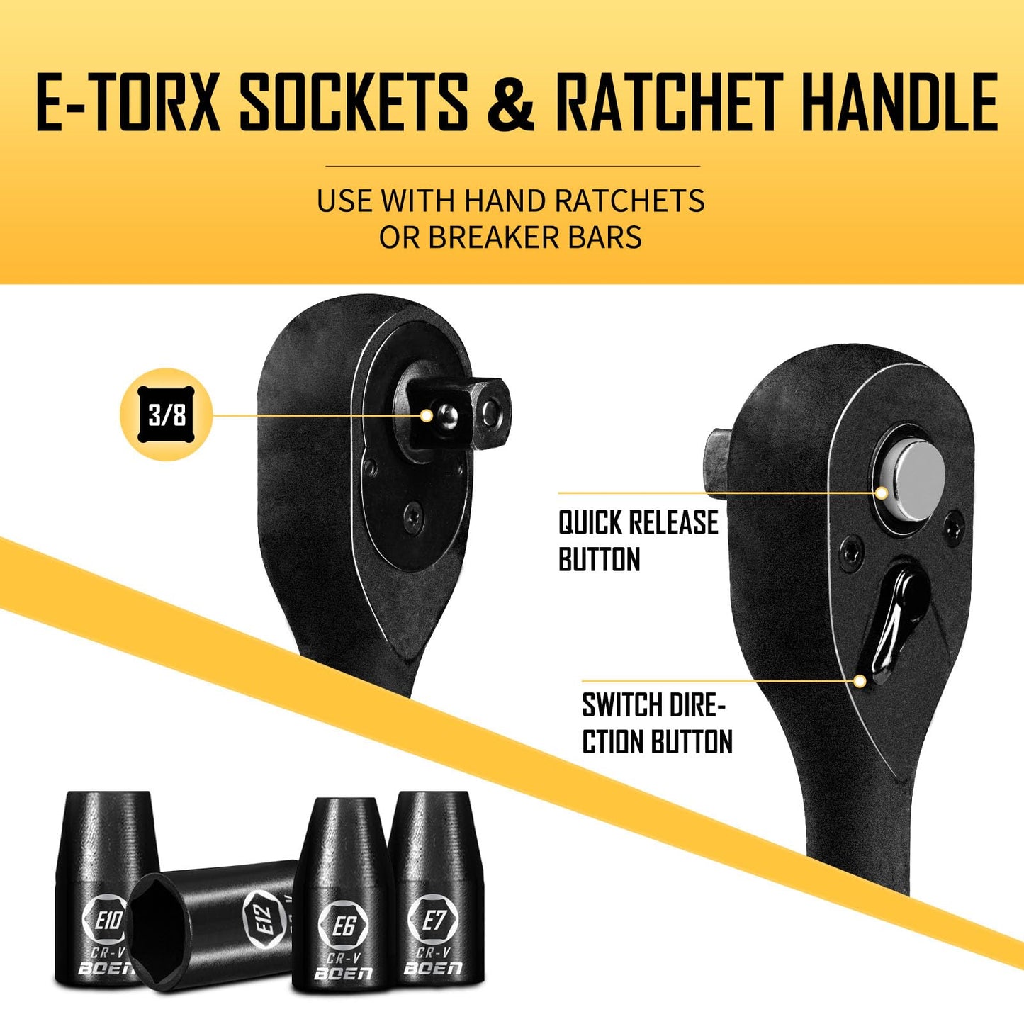 BOEN 3/8" Drive Impact Socket Set, 59-Piece Standard SAE (5/16 to 3/4 inch) and Metric (6-22mm), Include 9-Piece E-Torx Socket Set (E5-E16) 丨Ratchet Handle, Extension Bar, Universal Joint, Adapter