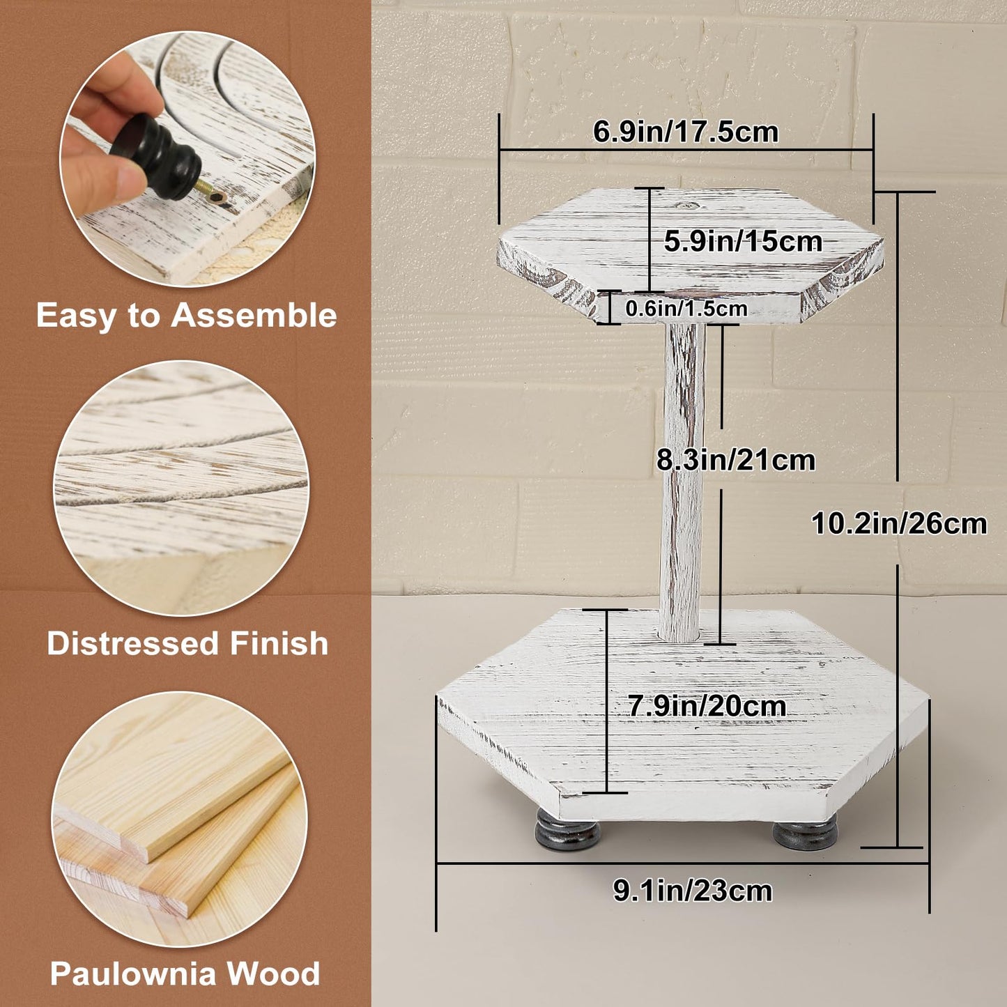 Tikea Hexagonal Wood Riser for Display, 2-Tier Wood Farmhouse Riser for Kitchen Bathroom Counter Decor, Decorative Tray for Soap Dispenser, Decorations and Plant (White)