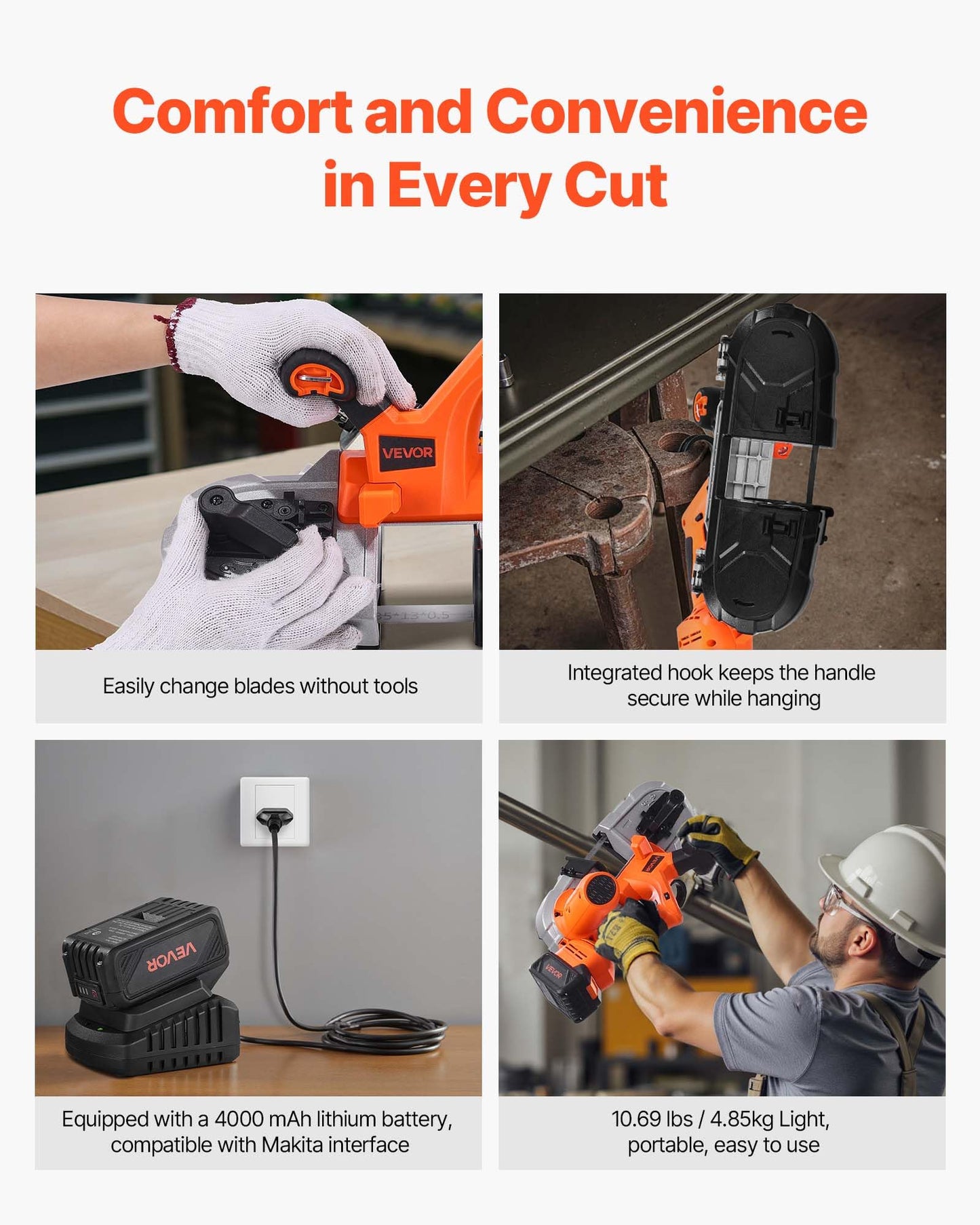 VEVOR 20V Portable Band Saw Kit, 2.56-Inch Deep Cut, 360W Bandsaw with Brushless Motor, Cordless and Compact, for Cutting Metal, Wood, Compatible with Makita Batteries (Kit with 4.0 Ah Battery)