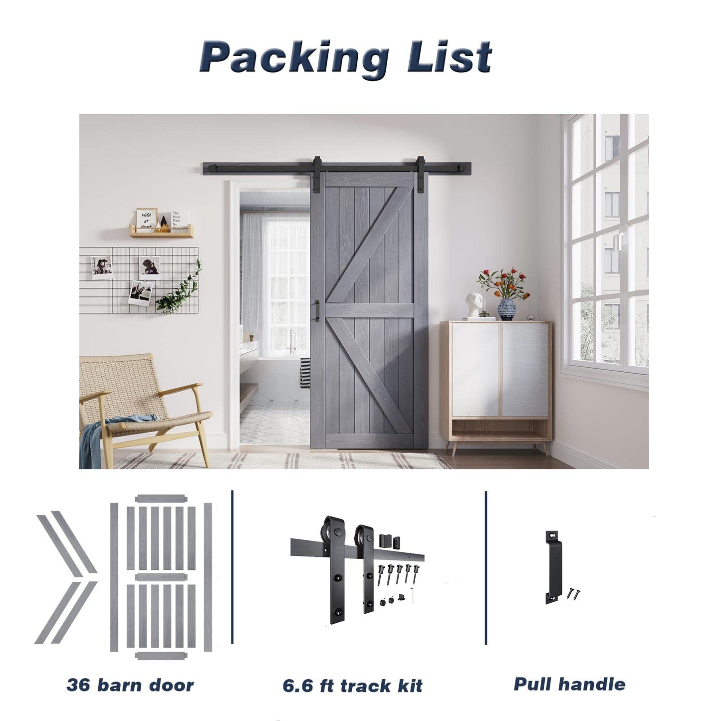 FREDBECK 36in x 84in Gray Barn Door Slab with 6.6ft (79inch) Barn Door Hardware Track Kit and Handle Floor Guide Included, Double Surfaces,Simple Assembly is Required,K-Frame,Grey