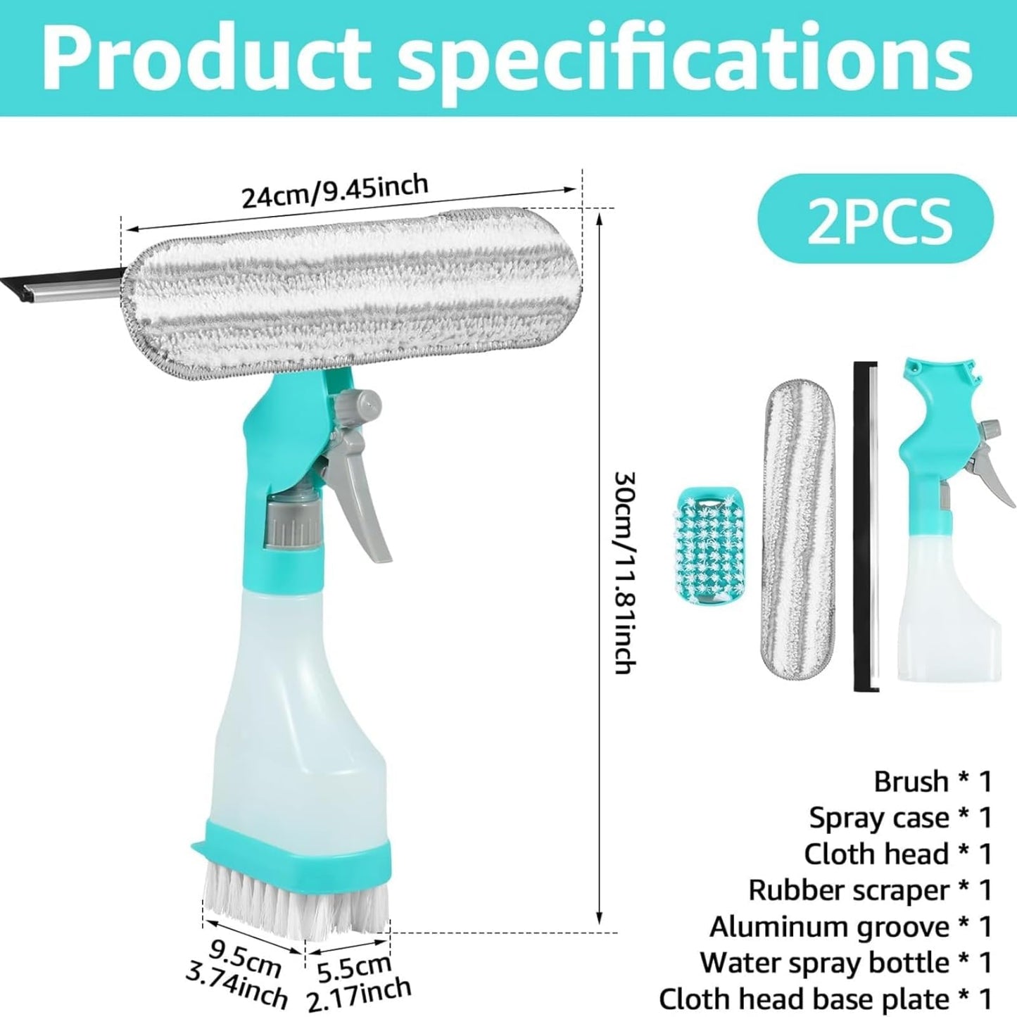 4 in 1 Glass Cleaner Scraper, Reusable Magnetic Double-Sided Window Cleaning Tool with Wiper, Detachable Spray Bottle, Extendable Handle, Streak Squeegee for Home High-Rise Use (2Pc)