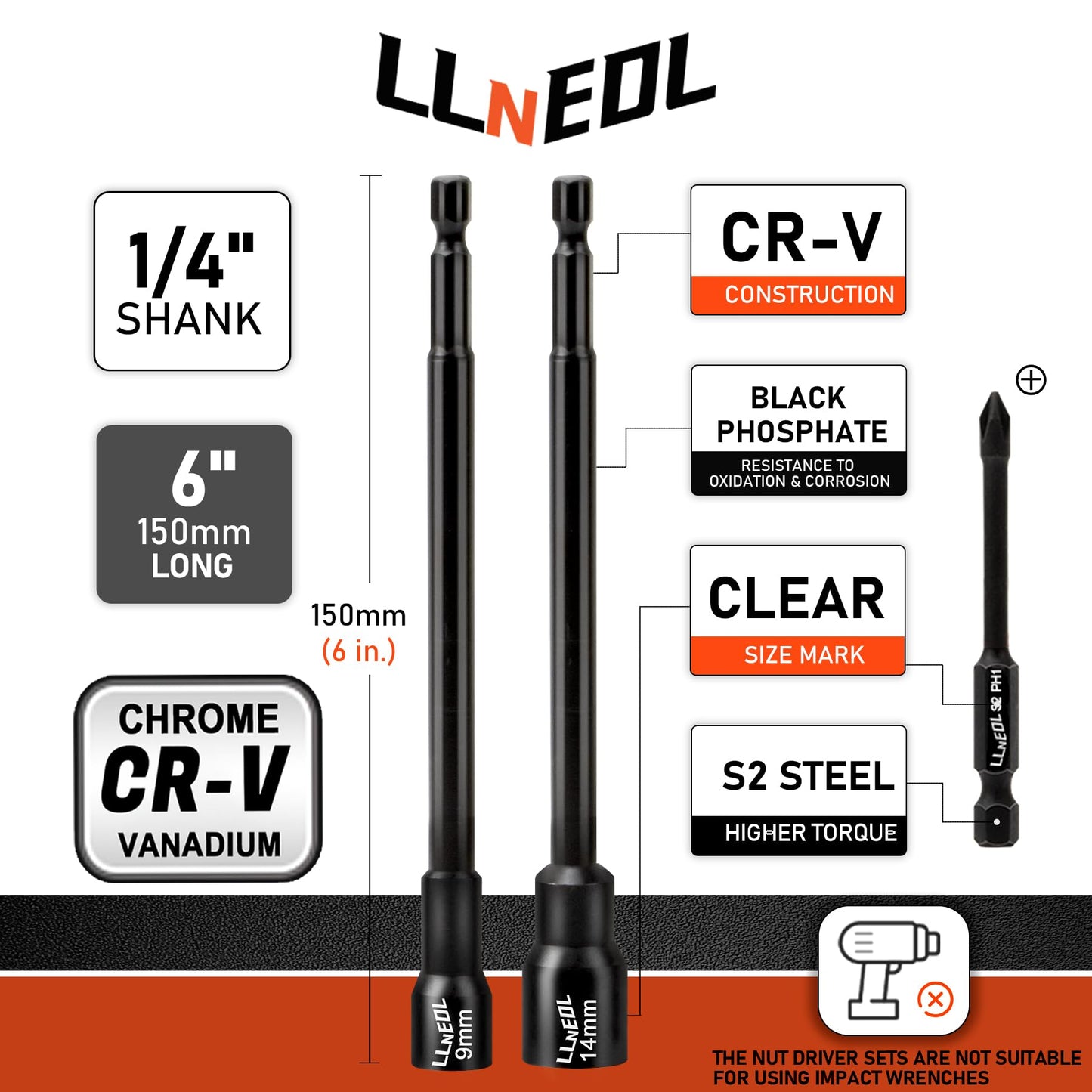LLNEDL 1/4 inch Drive Socket Set & Nut Driver Set 44PCS, Metric Sockets Deep&Shallow (4-15mm) with Ratchet, 6" Magnetic Nut Drivers with 1/4" Hex Shank(6-14mm), Drill Bits (PH1/PH2)
