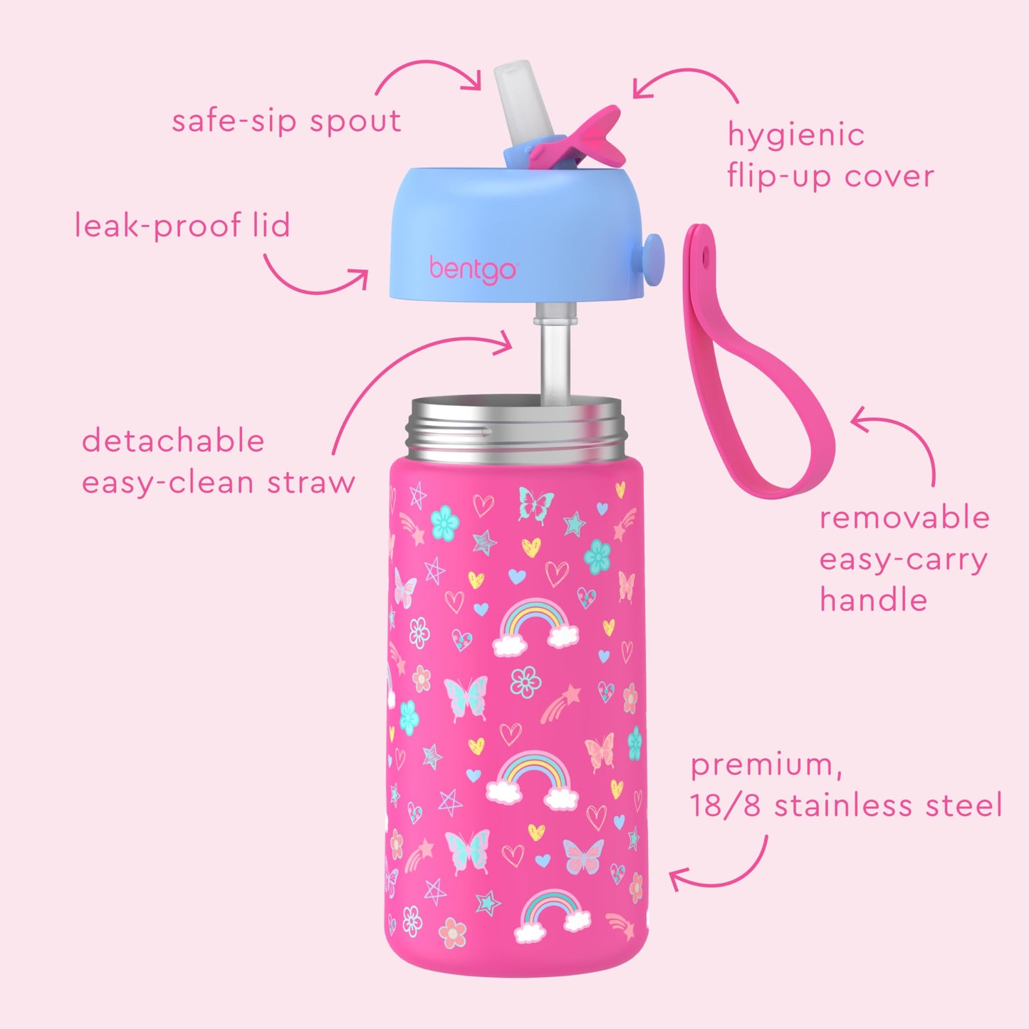 Bentgo® Kids Stainless Steel Insulated Water Bottle - Leak-Proof; Keeps Cool for 12 Hours; Durable, BPA-Free, Dishwasher Safe 14 oz. Cup for Ages 3+ for School/Sports/Daycare (Rainbows & Butterflies)