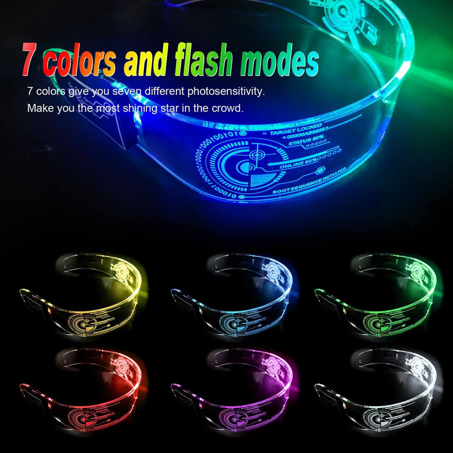 Fency LED Light Up Glasses with 7 Colors - LED Visor, Luminous, Flashing/Fixed Light Colors, Glow in The Dark - Cyberpunk Futuristic Cosplay Glasses for Adults