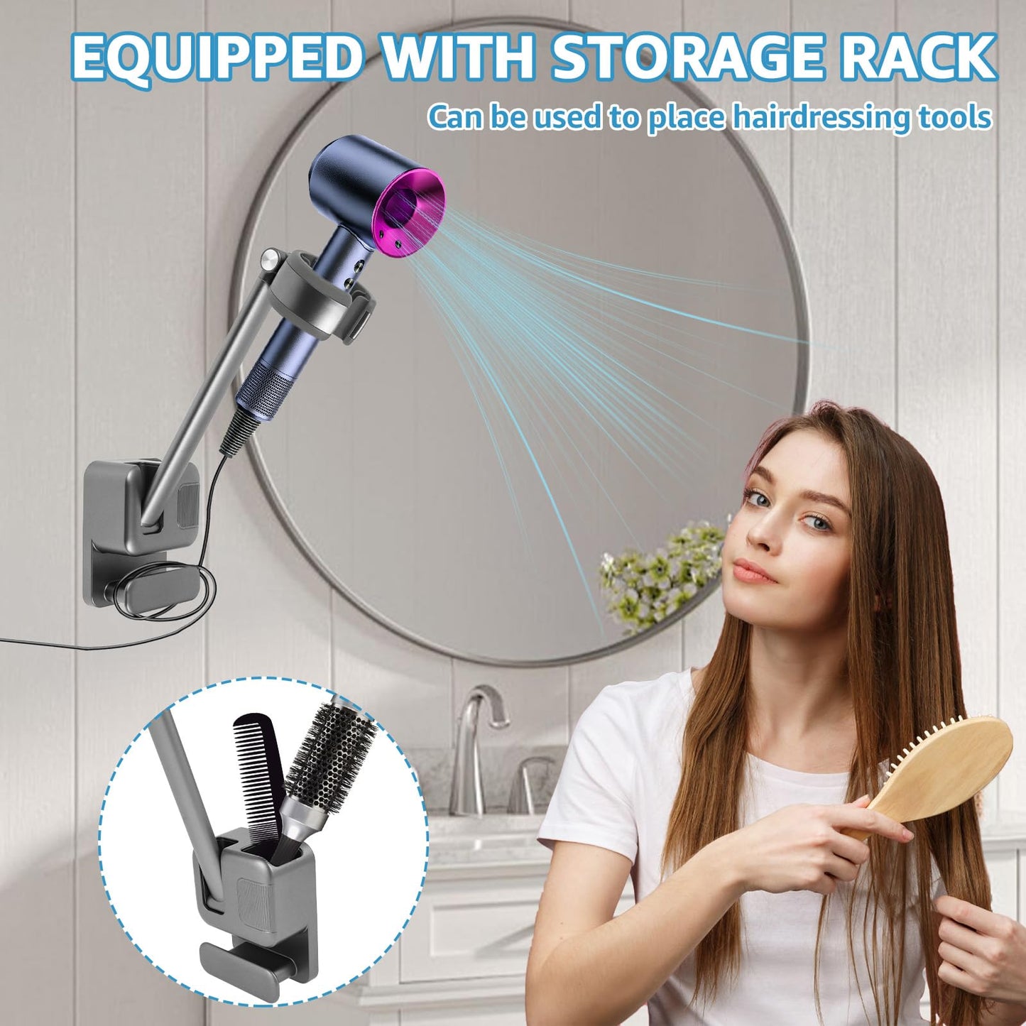 bigjvbfv Wall Mounted Hair Dryer Holder Blower Dryer Storage Rack Adjustable Hook Rack Space Saving Multipurpose Organizer Drill for Bathroom Curling Iron Hair Straightener