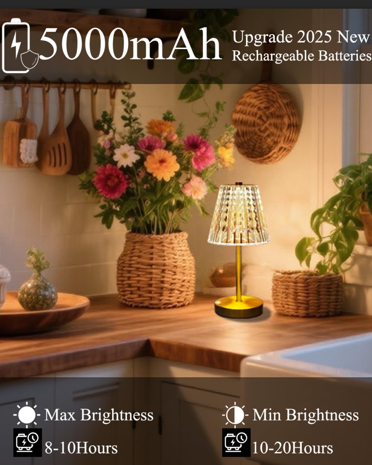 Gold Cordless Table Lamp Rechargeable,5000mAh Battery Operated Lamps,Mini Small Crystal Table Lamp for Restaurant Dining Bathroom/Kitchen Counter/Rechargable Touch Lamp for Home Dinner Shower Lamp