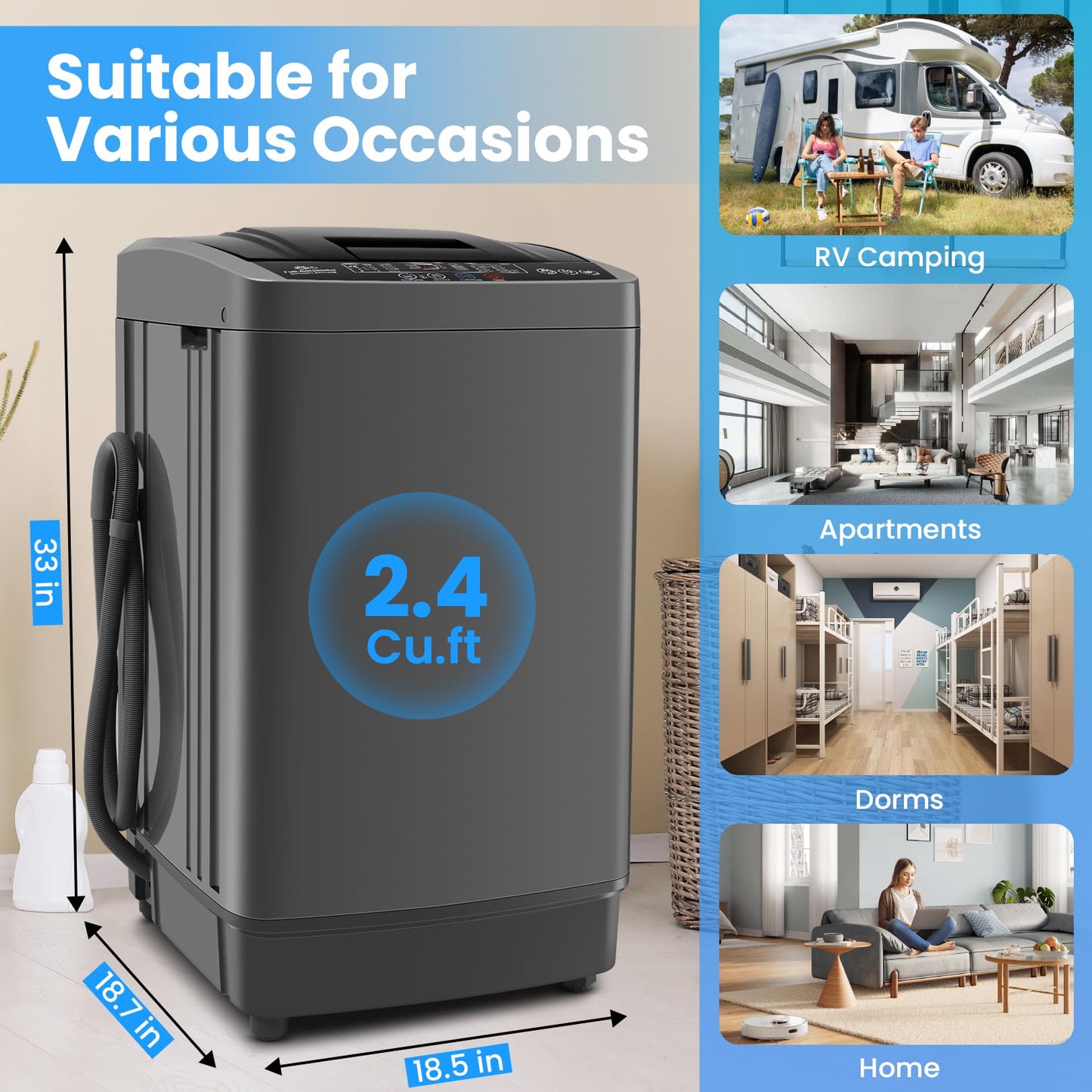 Nictemaw 17.8Lbs Portable Washing Machine, 2.4Cu.ft Full Automatic Portable Washer with 10 Wash Programs, 8 Water Levels & Drain Pump, Compact Laundry Washer for Home, RV, Dorm