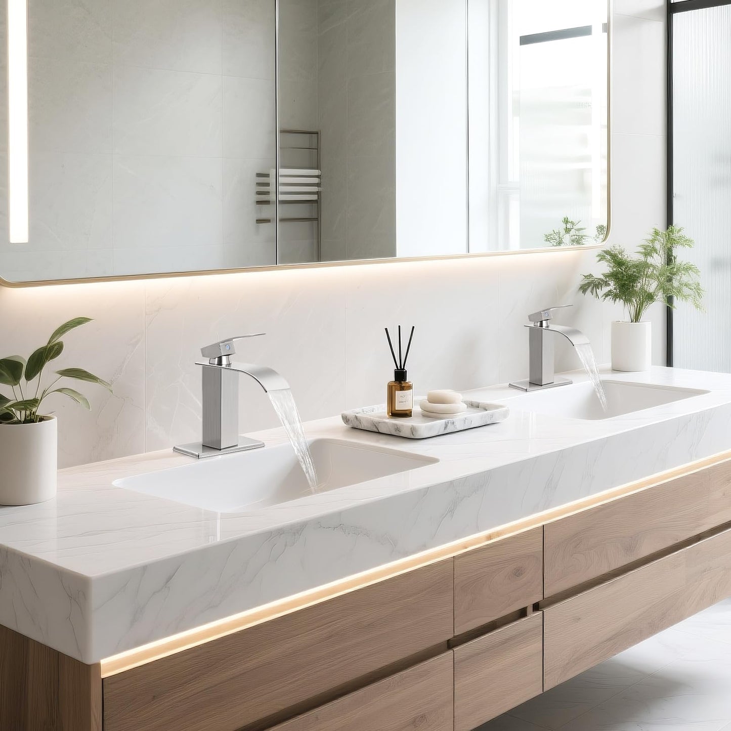 RNDIOZD Brushed Nickel Bathroom Faucets, Waterfall Bathroom Sink Faucet Modern Single Handle Bathroom Faucte 1 or 3 Hole, RV Mixer Tap Vanity Faucet - Includes Pop-up Drain Supply Hoses Deck Plate