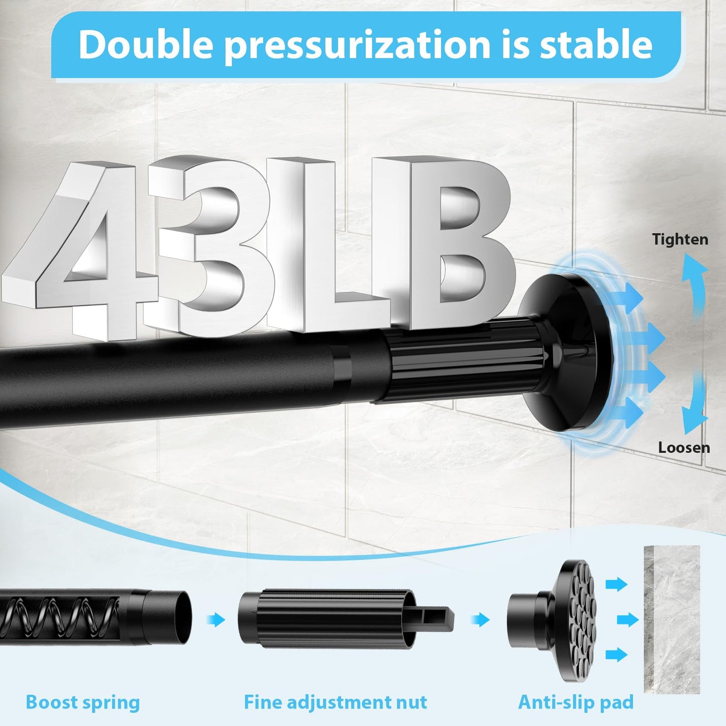 shower Curtain Rod 37-50 Inch,curtain rod No Drilling for Window or Bathroom, Outdoor Curtain Rods for Patio black Tension curtain Rod, Easy to Install, Never Rust, Rod Diameter 1.26 Inches