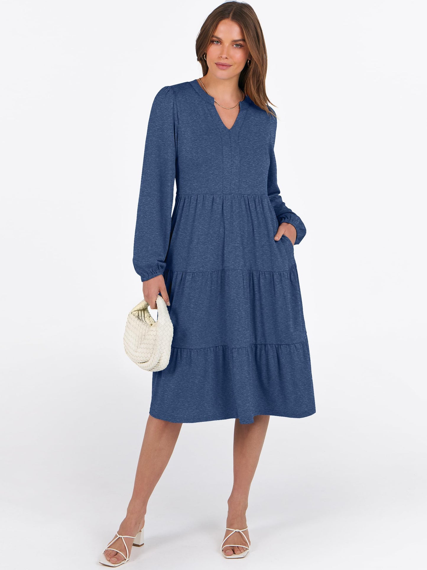 ANRABESS Long Sleeve Midi Dresses for Women V Neck 2025 Fall Fashion Casual Loose Fit Flowy Swing Tiered Vacation Boho Dress Blue Small