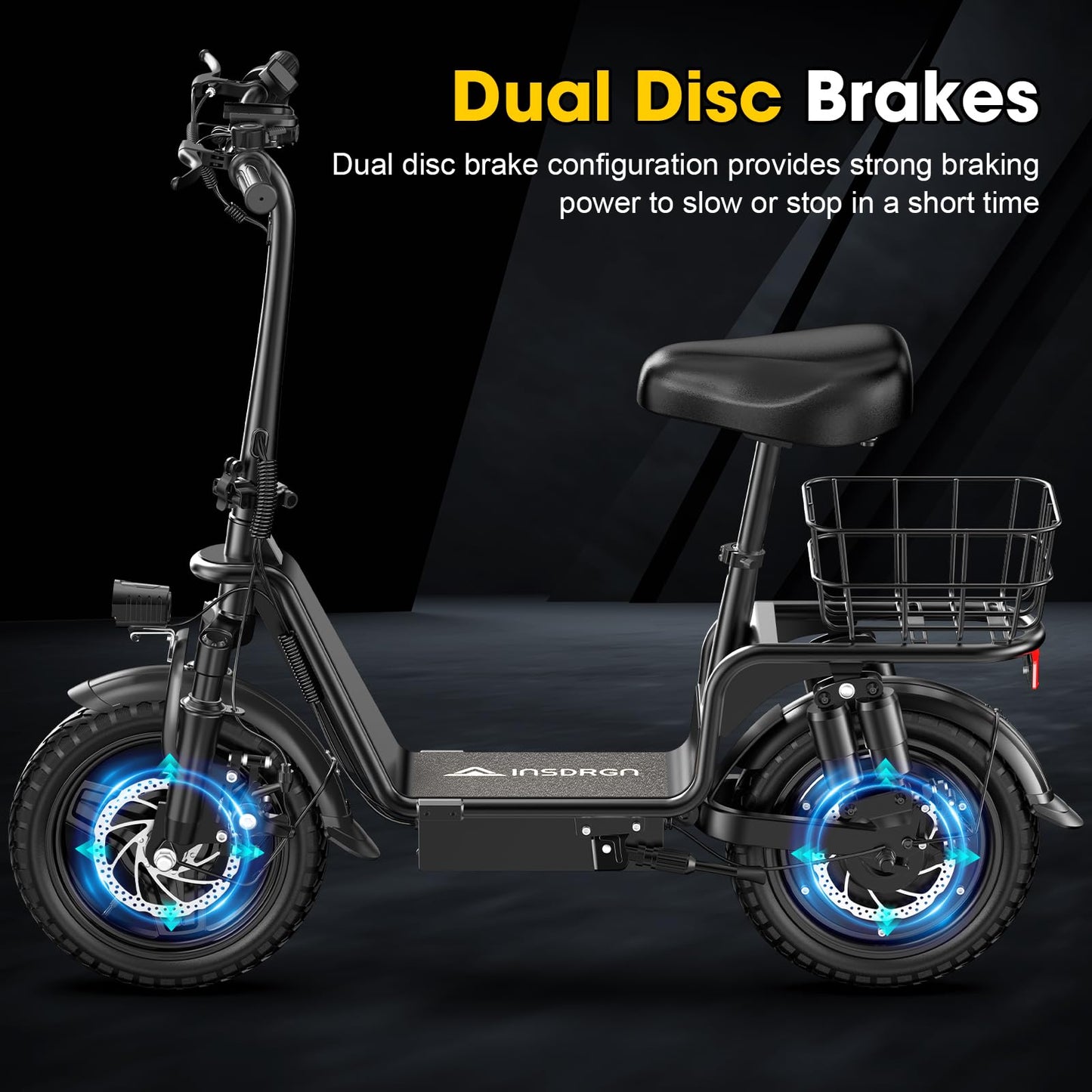 INSDRGN Adults Electric Scooter with Seat, 48V 10.4AH Foldable Electric Scooter,14" Tires,750W Motor,20MPH, 28-Mile Long Range and Dual Disc Brakes,330lbs Max Load