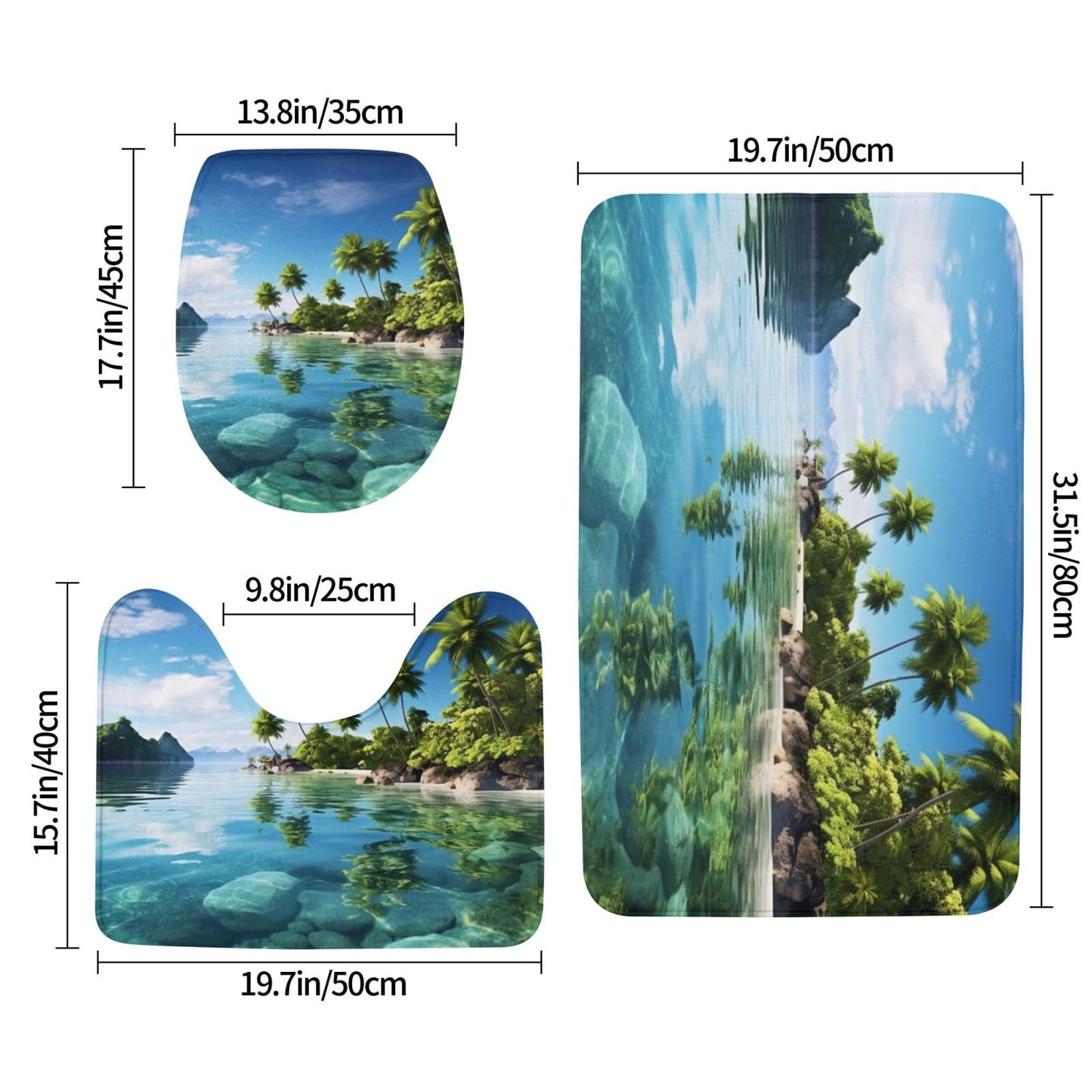 Beautiful Island In The Sea Bathroom Rug Set - 3 Piece Non Slip Shower Mats With U-Shaped Contour Toilet Mat, Absorbent Microfiber Bath Mats Washable Bathroom Floor Mats For Tub Shower Room Decor