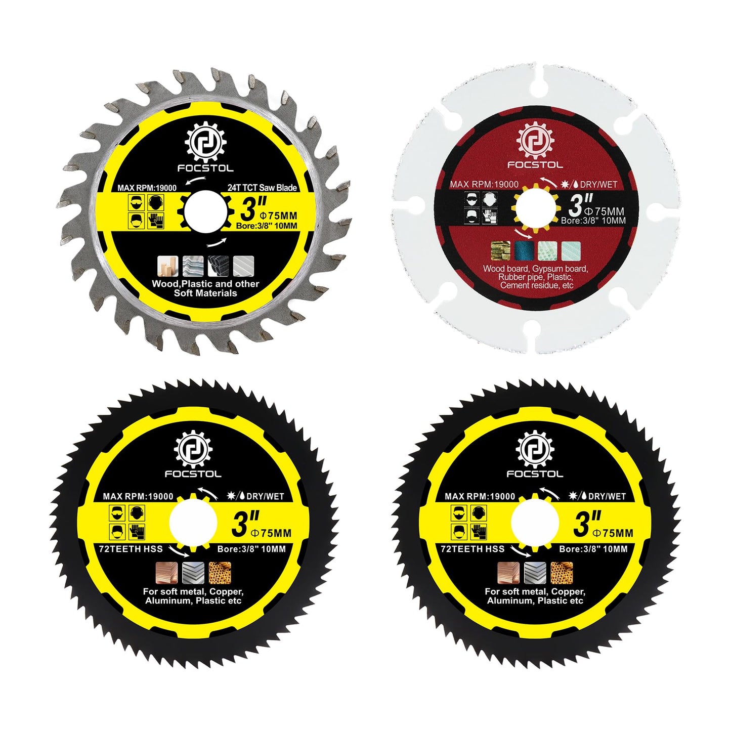 FOCSTOL Saw Blade Set - 4pcs 3''(75mm) Cutting Disc for Cutting Wood Metal Plastic for Angle Grinder Arbor 3/8''(10mm)