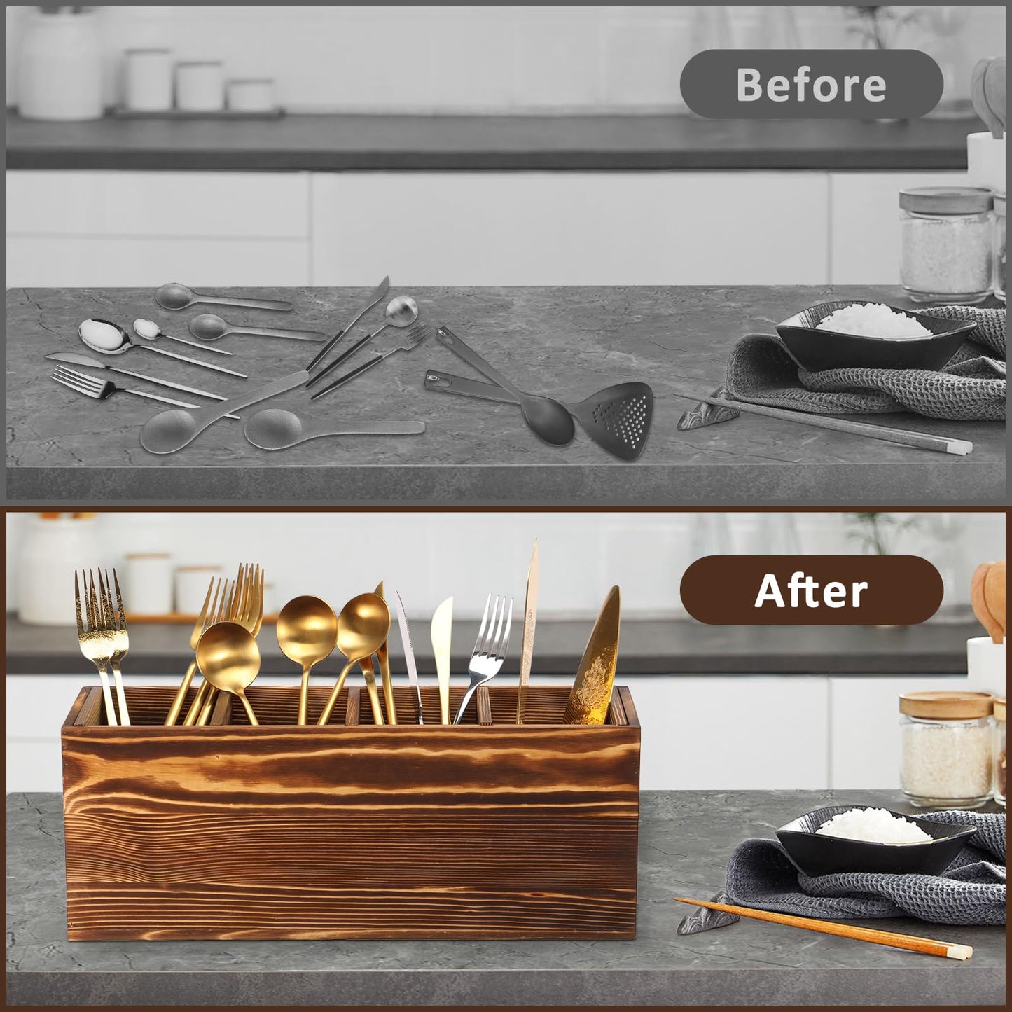 Tcwhniev Utensil Holder 4 Compartments, Wood Silverware Caddy with Removable Divider Reusable Utensil Caddy for Home Kitchen Countertop Party