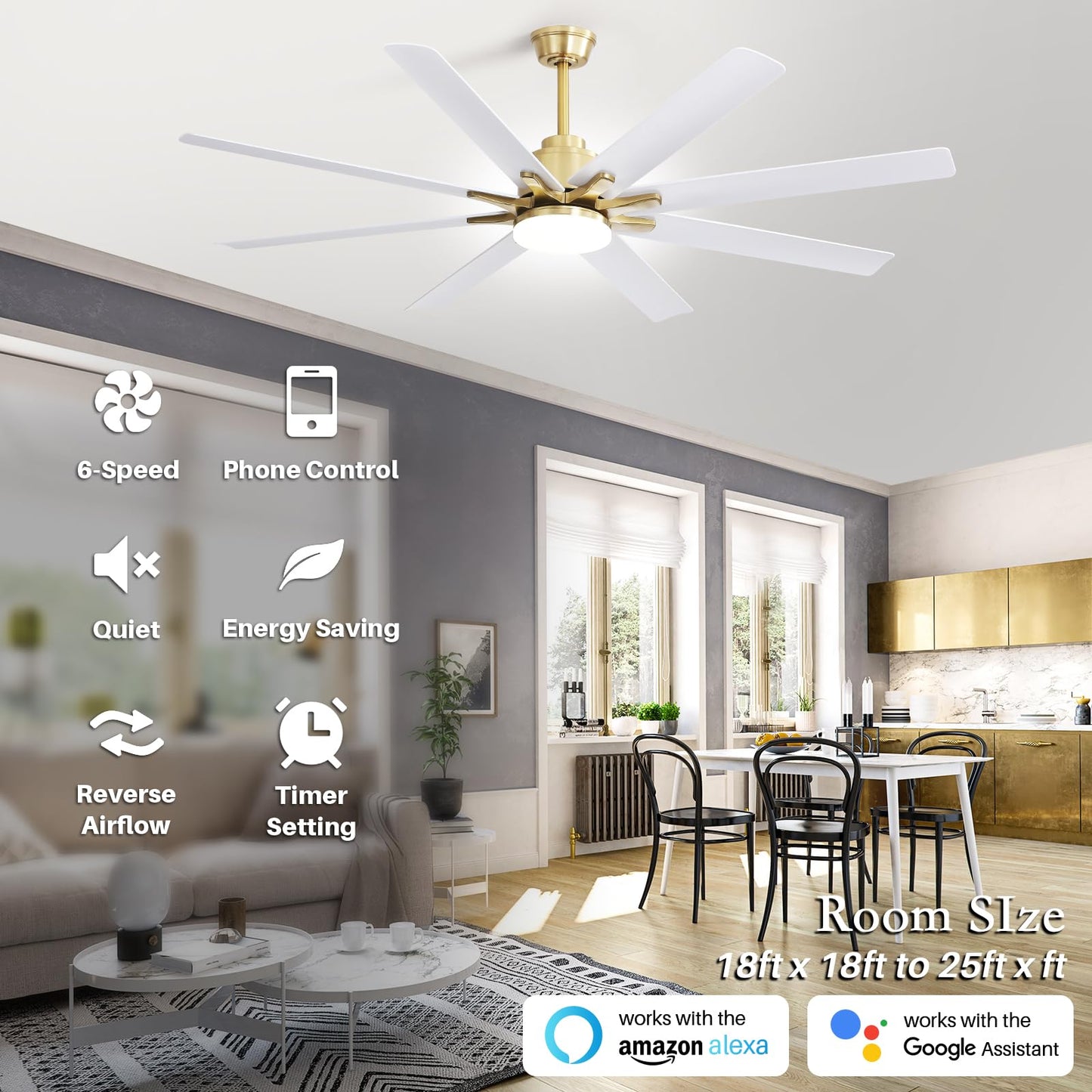 Sofucor 66 Inch Smart Ceiling Fans with Lights, Indoor/Outdoor Ceiling Fan with Light and Remote, Work with Alexa/Google, Reversible DC Motor, White Ceiling Fan Light for Living Room Farmhouse Patio