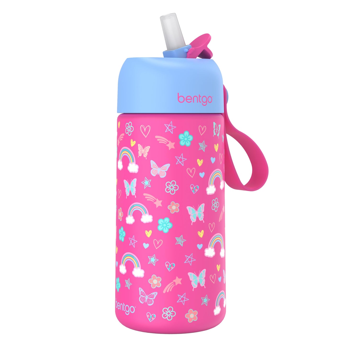 Bentgo® Kids Stainless Steel Insulated Water Bottle - Leak-Proof; Keeps Cool for 12 Hours; Durable, BPA-Free, Dishwasher Safe 14 oz. Cup for Ages 3+ for School/Sports/Daycare (Rainbows & Butterflies)