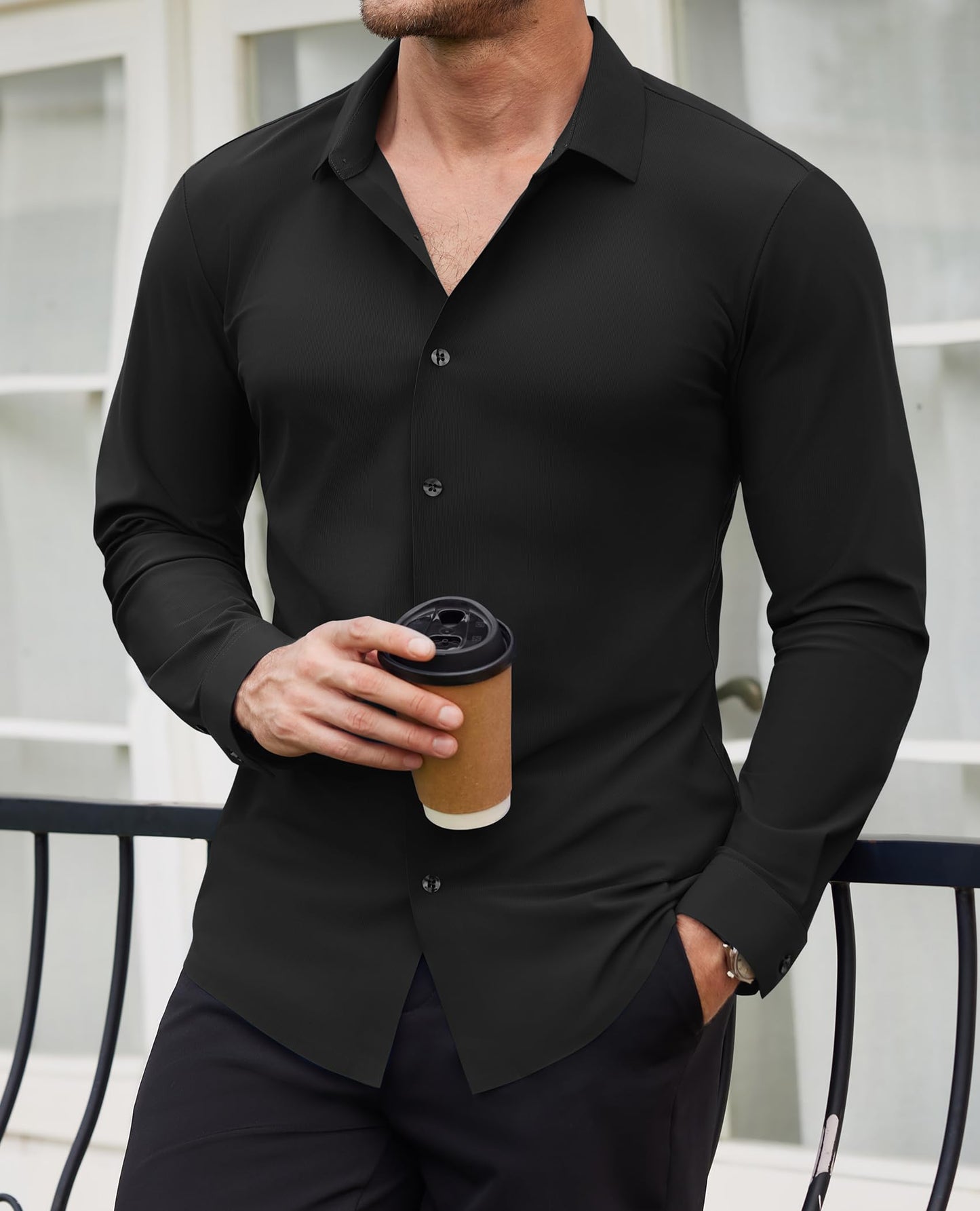 Lion Nardo Stretch Mens Dress Shirts Slim Fit Muscle Dress Shirts for Men Long Sleeve Wrinkle Free Button Down Shirt Black