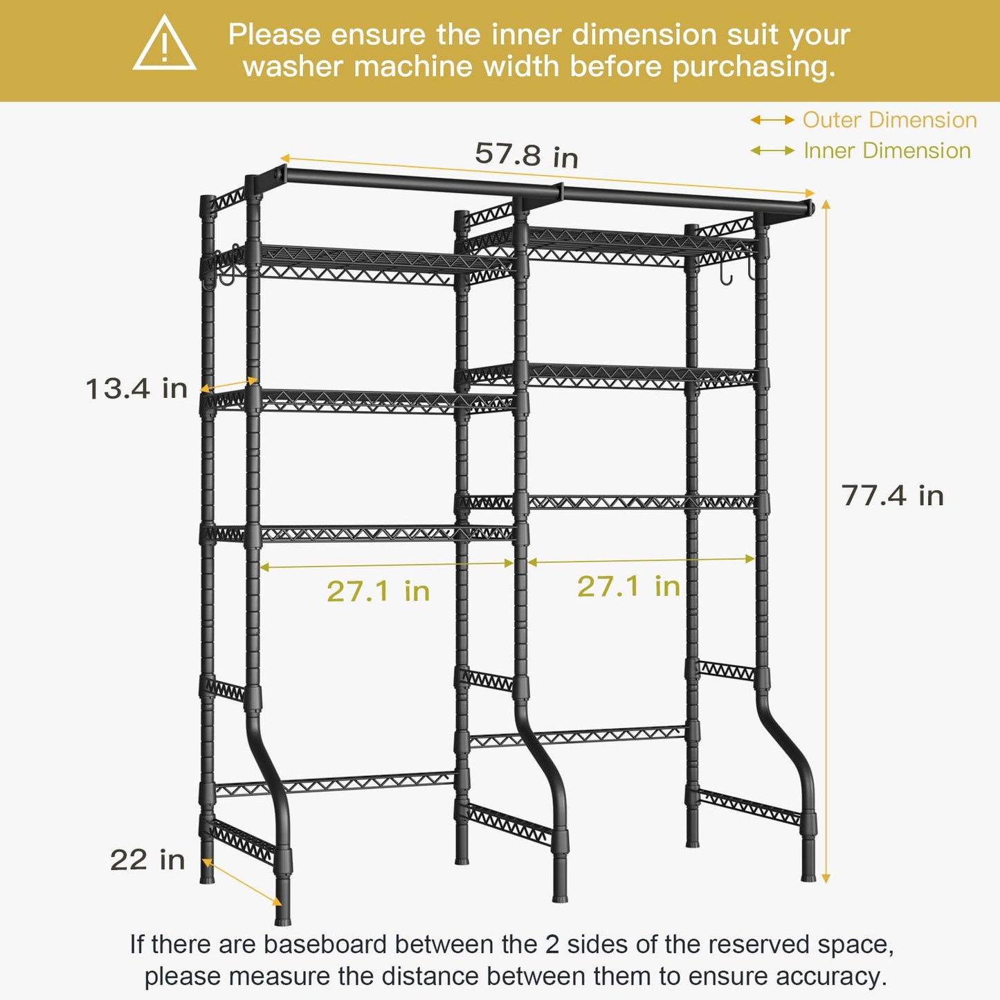 Ulif U13 Medium Over Washer and Dryer Storage Shelves, 6 Tiers Laundry Room Standing Shelf with 2 Hanger Rods, Space Saver Clothes Drying Rack, 57.8" W x 22" D x 77.4" H, Black