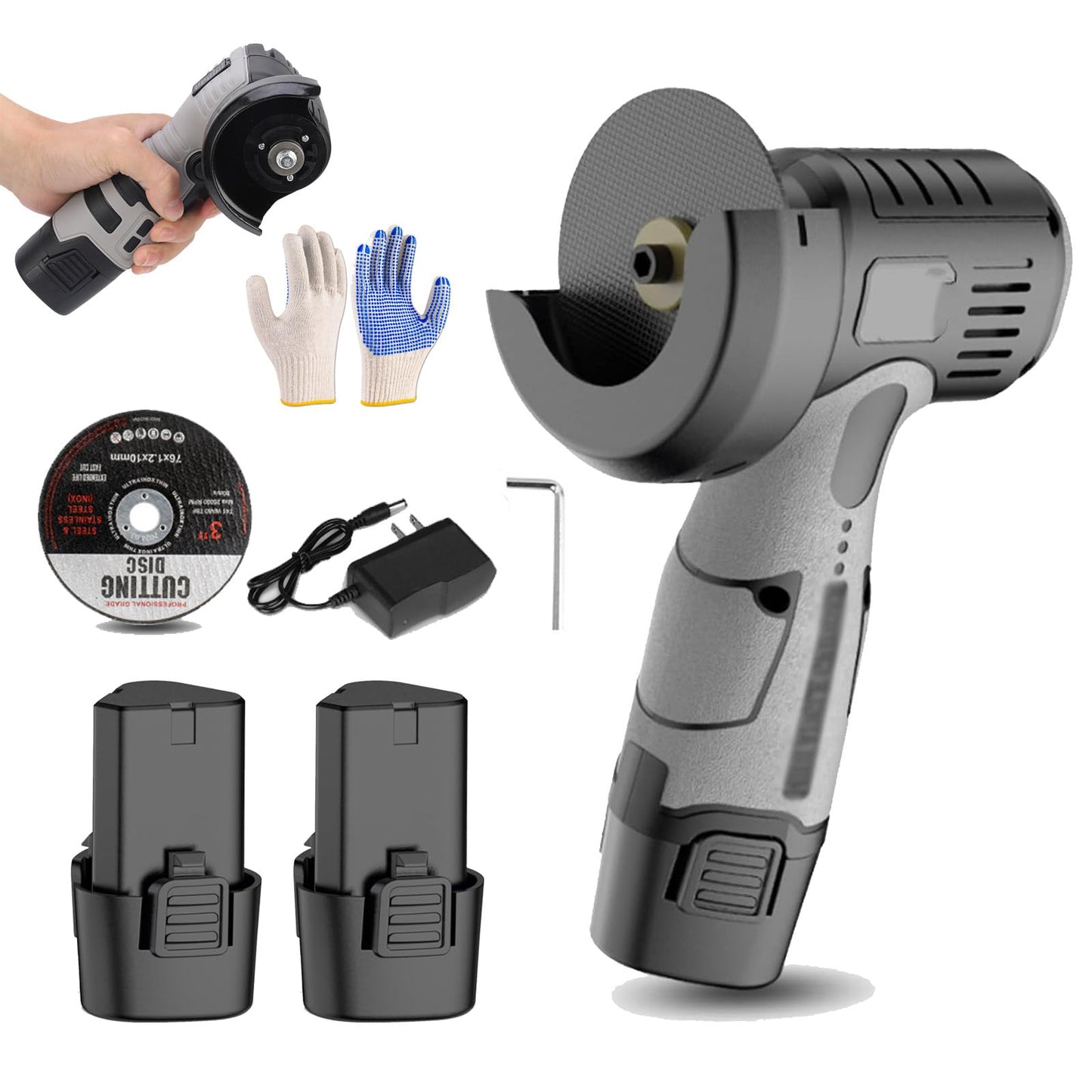 Mini Angle Grinder, 12V Multifunctional Cordless Angle Grinder Kit with Cutting Disc, Multifunctional Cordless AngleGrinders Kit, 1500mah Battery Powers for Metal Wood (2 Battery)