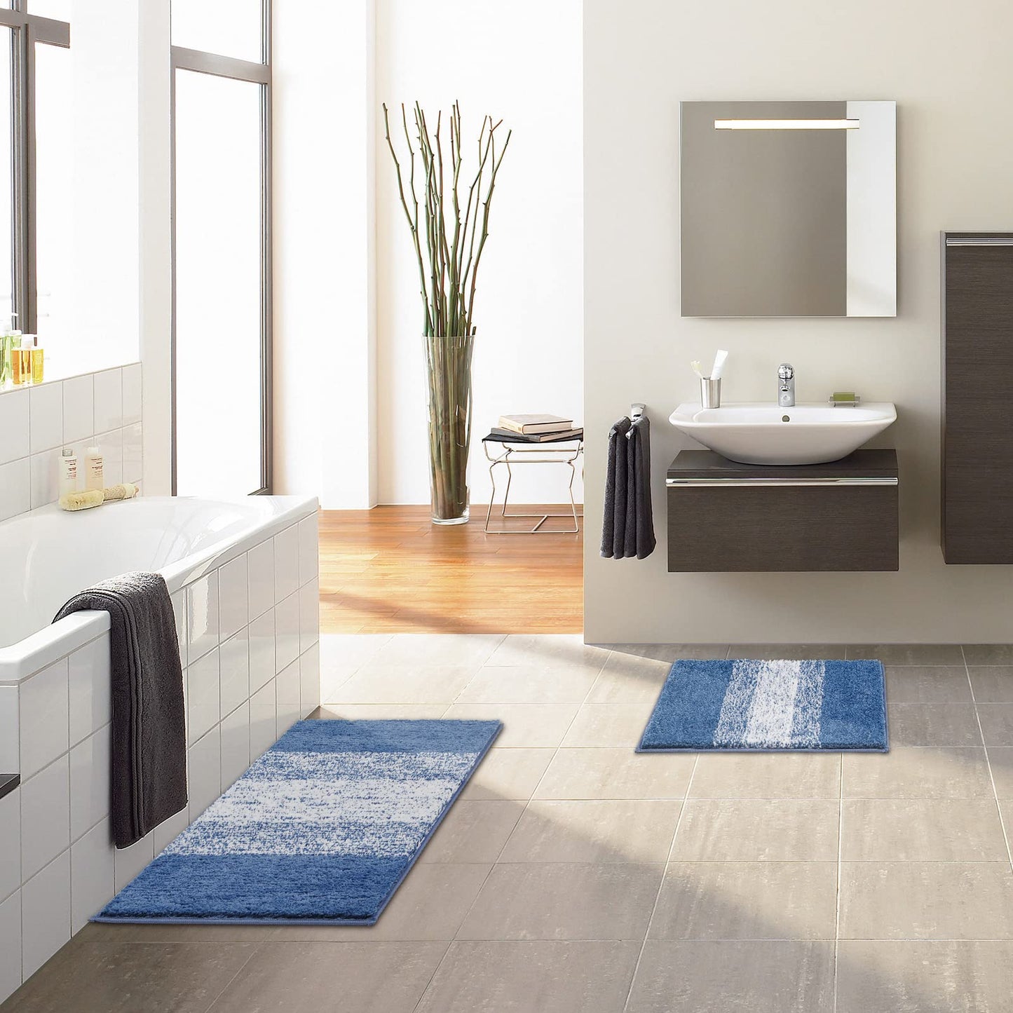 Vaukki Luxury Soft Bathroom Rugs Set of 2, Non Slip Washable Plush Bath Floor Mats, Microfiber Shaggy Absorbent Striped Bath Carpet for Tub, Bathroom and Shower (18''x26''+20''x32'', Blue)