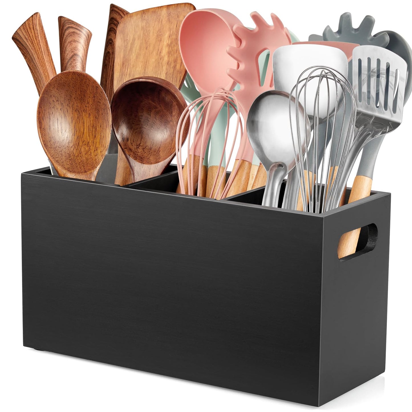 ALELION Black Kitchen Utensil Holder for Countertop - Wooden Large Utensil Caddy Organizer for Counter - 3 Compartment Cooking Utensil Crock for Silverware Spoon Spatula