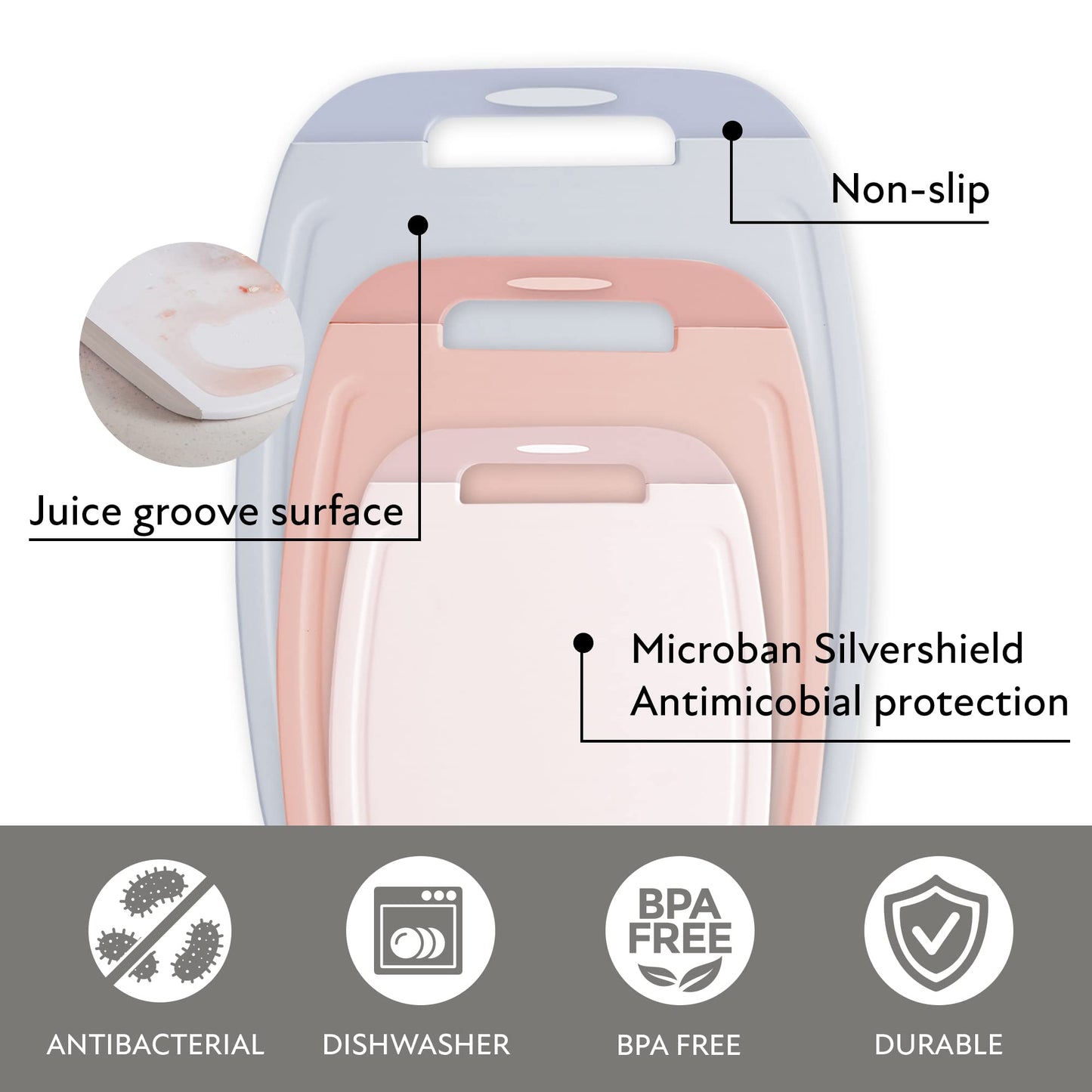 Neoflam Microban Protection Cutting Board 3 Piece Set, Stain & Odor/BPA Free, Reversable Board, Upgraded Larger Juice Groove, Non-Slip EZ Grip Handle, Dishwasher Safe, Pastel