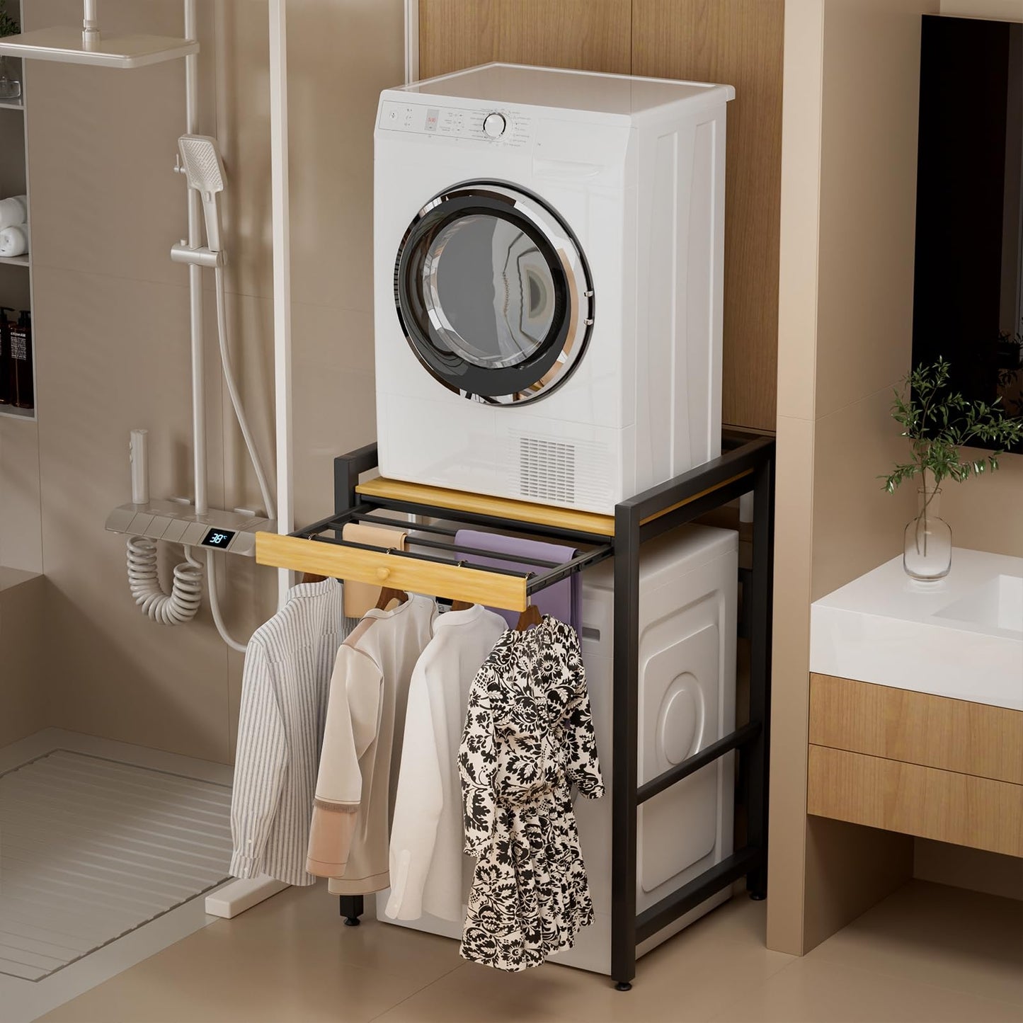 feneihe Laundry Room Shelves, Laundry Shelf with Countertop, Height Adjustable Drying Rack Clothing, Drying Rack Clothing, Space Saving Washing Machine Storage Stand for Bathroom Wooden Color