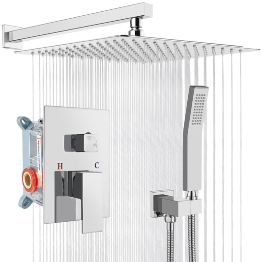gotonovo Rainfall Bathroom Shower System Rain Shower Head and Handle Set Wall Mounted Shower Complete Combo Solid Brass Pressure Balancing Shower Mixer Valve 16 Inch Polished Chrome