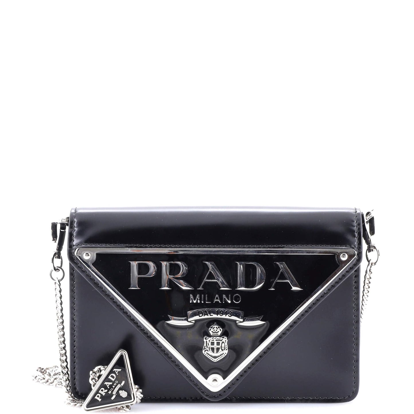 Prada, Pre-Loved Maxi Triangle Logo Chain Flap Bag Brushed Leather Small, Black