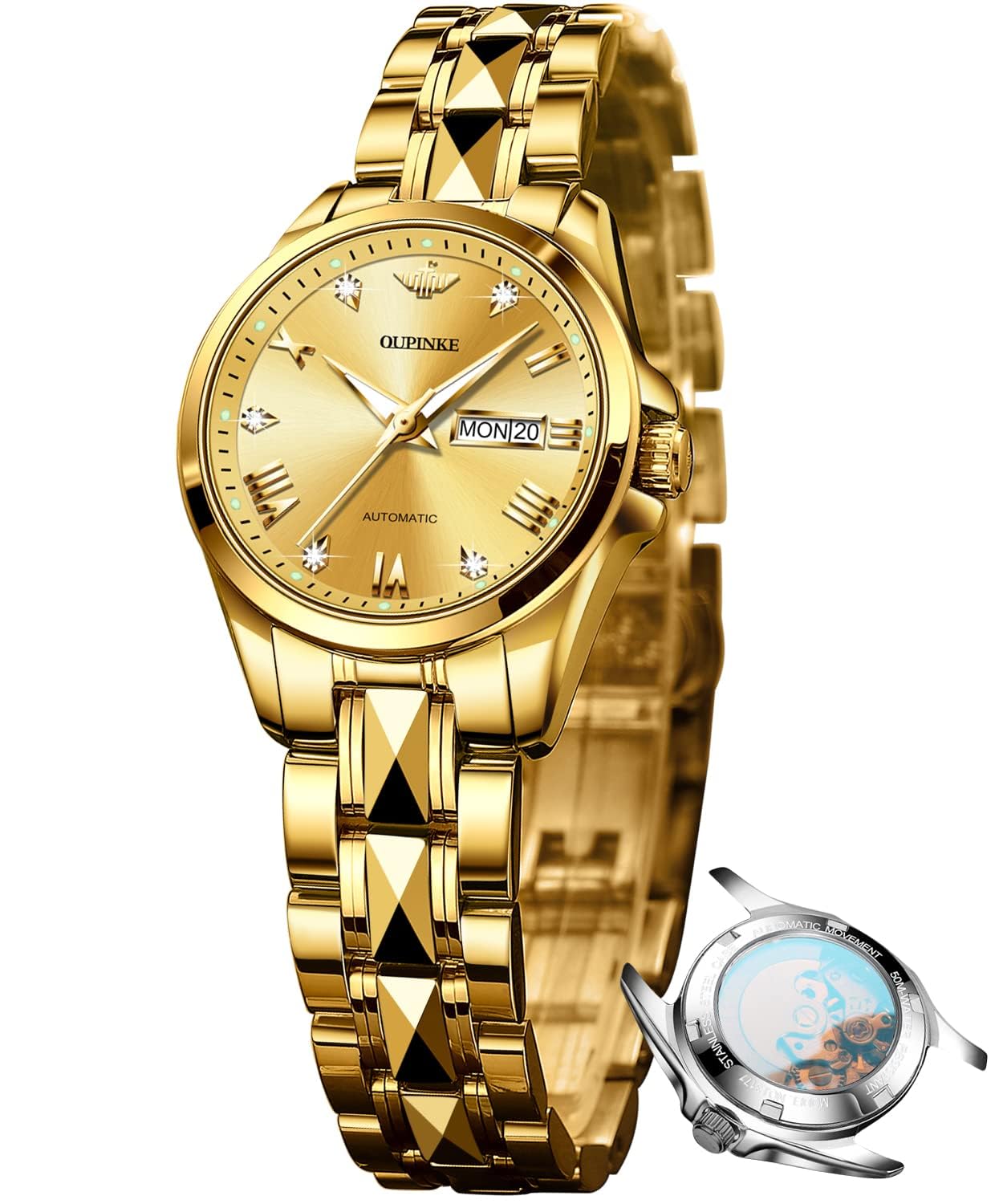 OUPINKE Gold Automatic Womens Watches Self Winding Mechanical Luxury Dress Diamond Dial Tungsten Steel Wrist Watches for Women Date Waterproof Luminous
