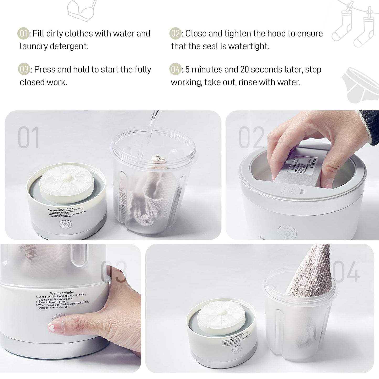 Underwear Washing Machine, Portable Mini Washing Machine | Compact Deep Cleans Underwear, Baby Clothes, Small Laundry | Lightweight for Apartment, Dorm, Hotel, Travel & Camping(White)