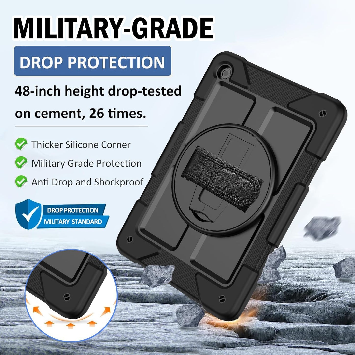 BMOUO for Samsung Galaxy Tab A9+ Plus Case 11" 2023 (SM-X210/X216/X218), Shockproof Galaxy Tab A9 Plus Case with Rotating Stand and Hand/Shoulder Strap, Black