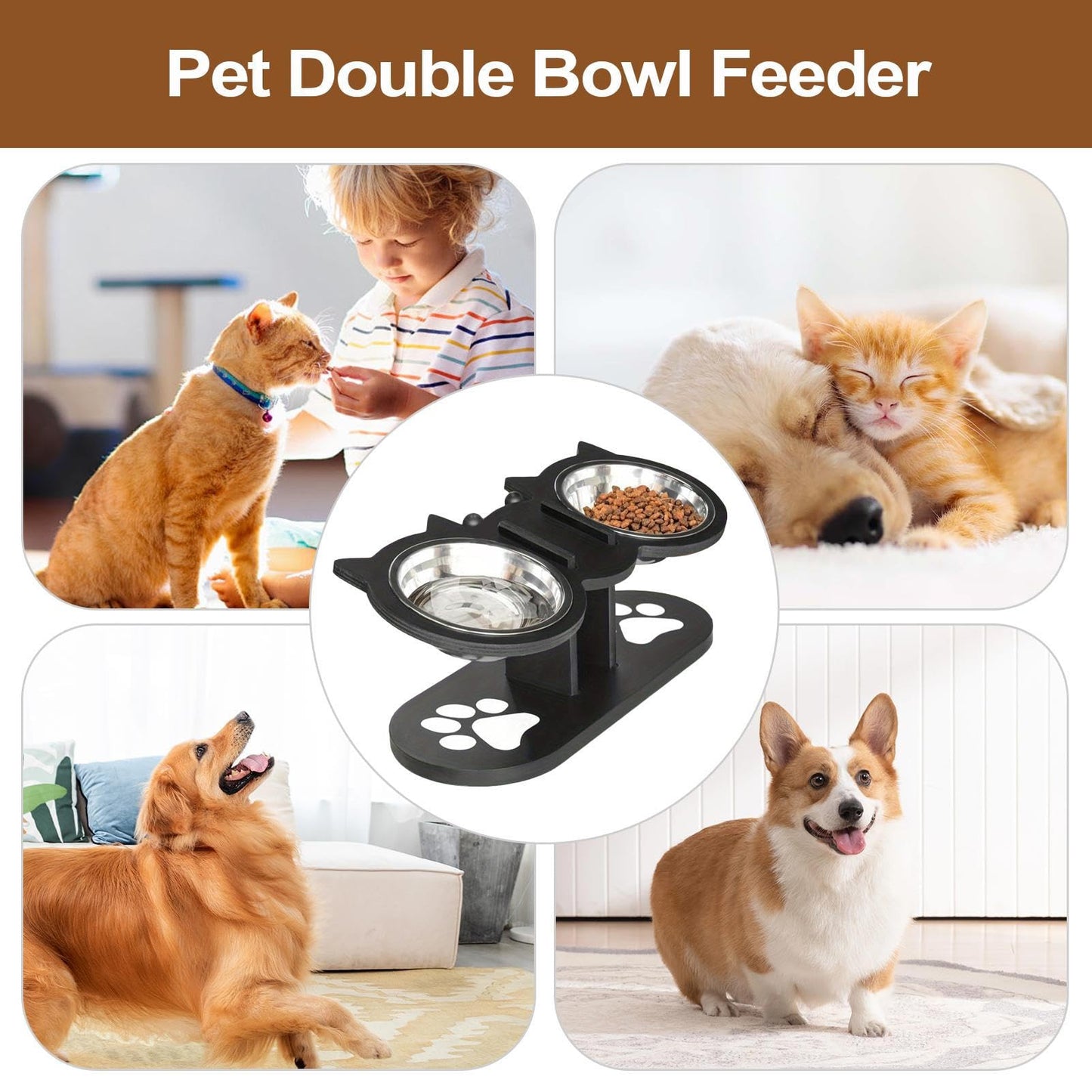 Cat Feeding Station - Raised Cat Food Water Bowl | Food and Water Bowl for Dogs | Pet Waterer | Adjustable Indoor Multi-Pet Households Puppy Kitten Senior Daily Watering Drinking Home Travel